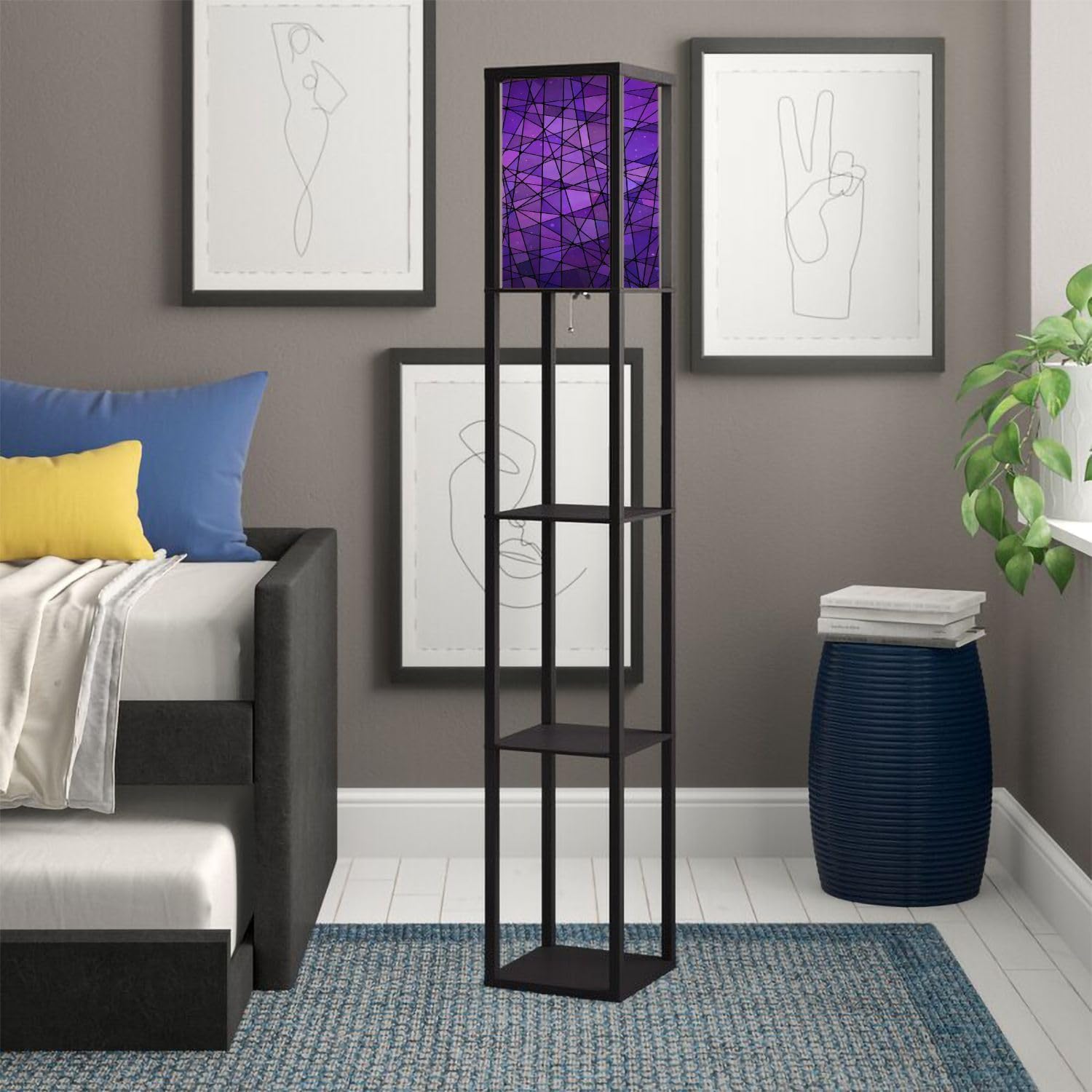 Abstract Stained Glass Mosaic Purple Violet Floor Lamp with Shelves USB Ports & Power Outlet Linen Fabric Shade Corner Standing Lamp for Living Room