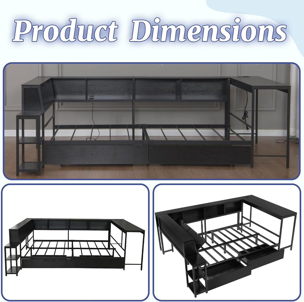 Twin Corner Bed Frame with Storage Drawers, Twin Daybed with Built-in Bookshelf & LED Light, L Shaped Twin Beds with Charging Station for Kids Teens, Black