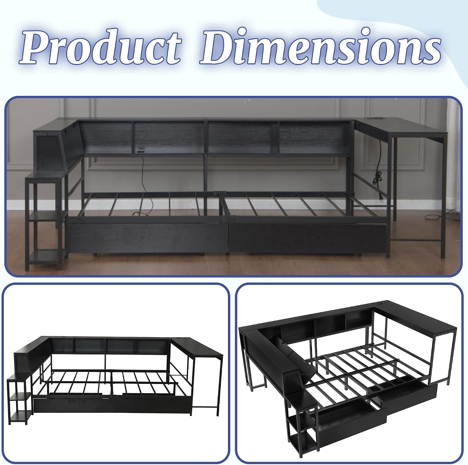 Twin Corner Bed Frame with Storage Drawers, Twin Daybed with Built-in Bookshelf & LED Light, L Shaped Twin Beds with Charging Station for Kids Teens, Black