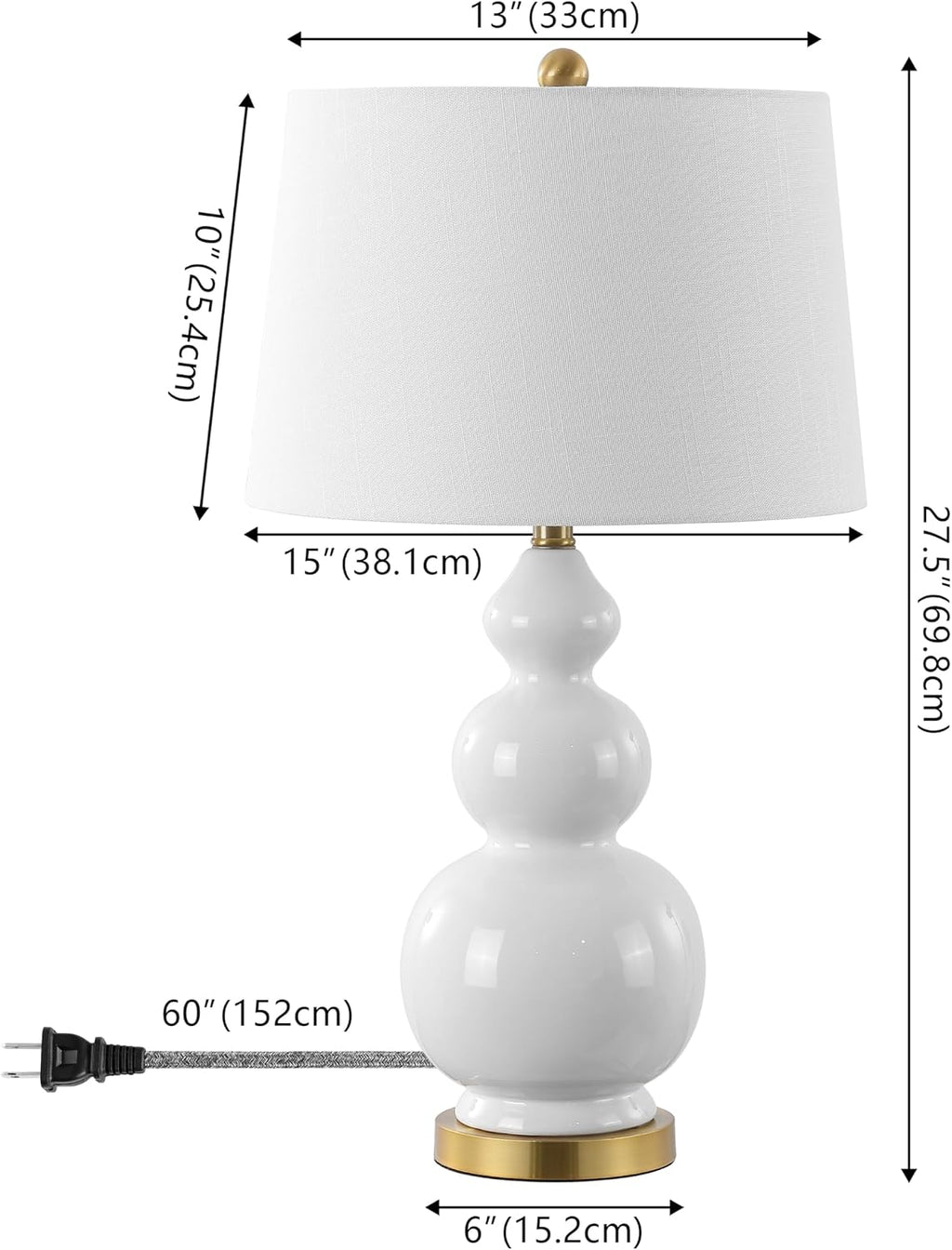 JONATHAN Y 27.5' White/Brass Gold Modern Ceramic Gourd Table Lamp for Living Room, Large Bedside Nightstand Lamp for Bedroom, White Linen Drum Shade, LED Bulb Included (JYL4023D)