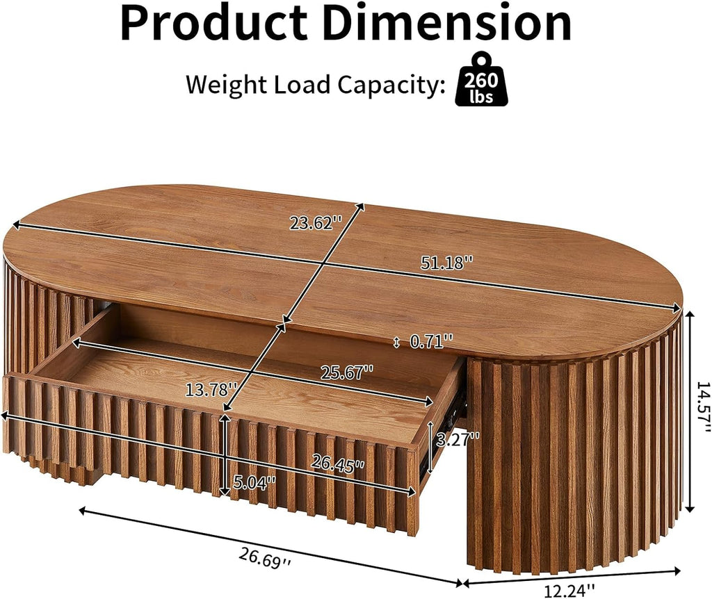 LKTART Oval Coffee Table with Drawer, 51.18' Solid Wood Veneer Coffee Tables for Living Room, Mid Century Modern Wooden Center Table, Already Installed,Brown