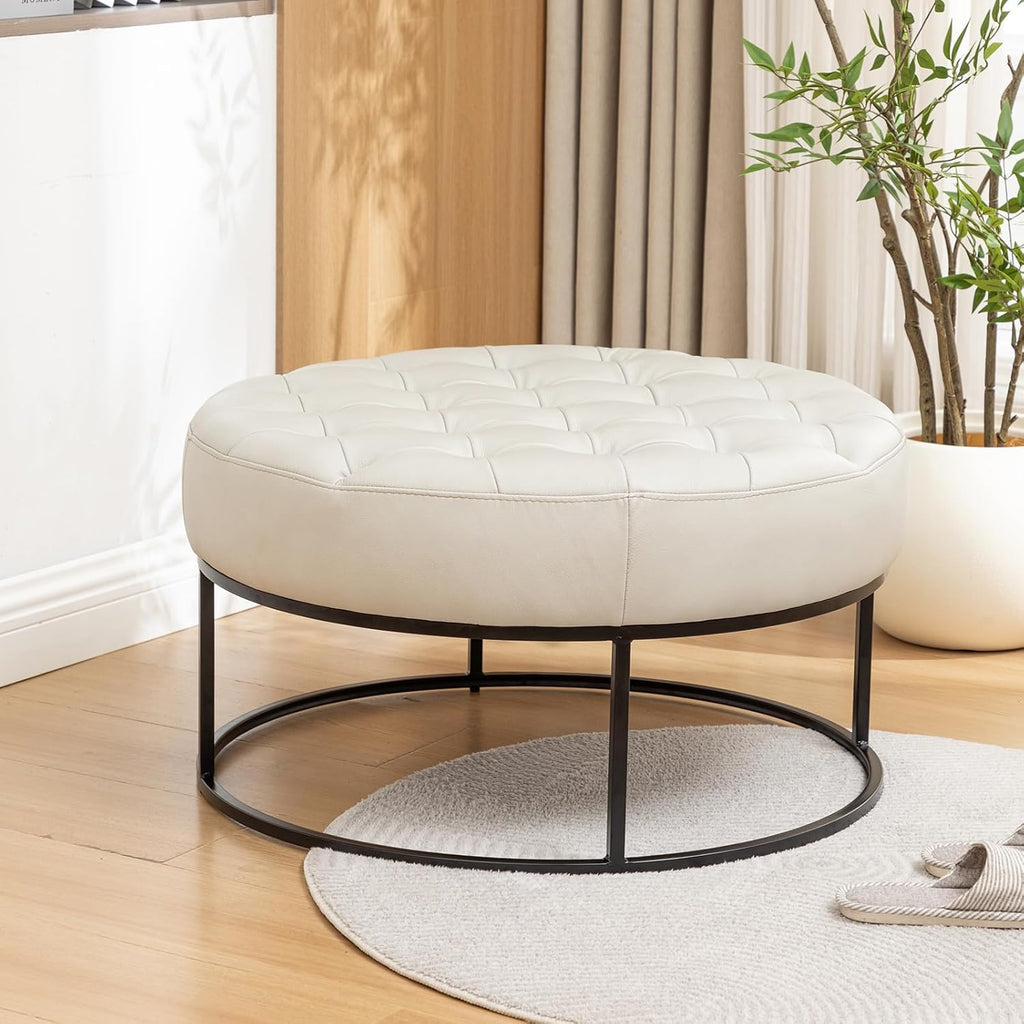 Modern Genuine Leather Round Coffee Table, 30'' Farmhouse Ottoman for Living Room, Large Vintage Genuine Leather Coffee Tables with Upholstered Padded Seat Beige