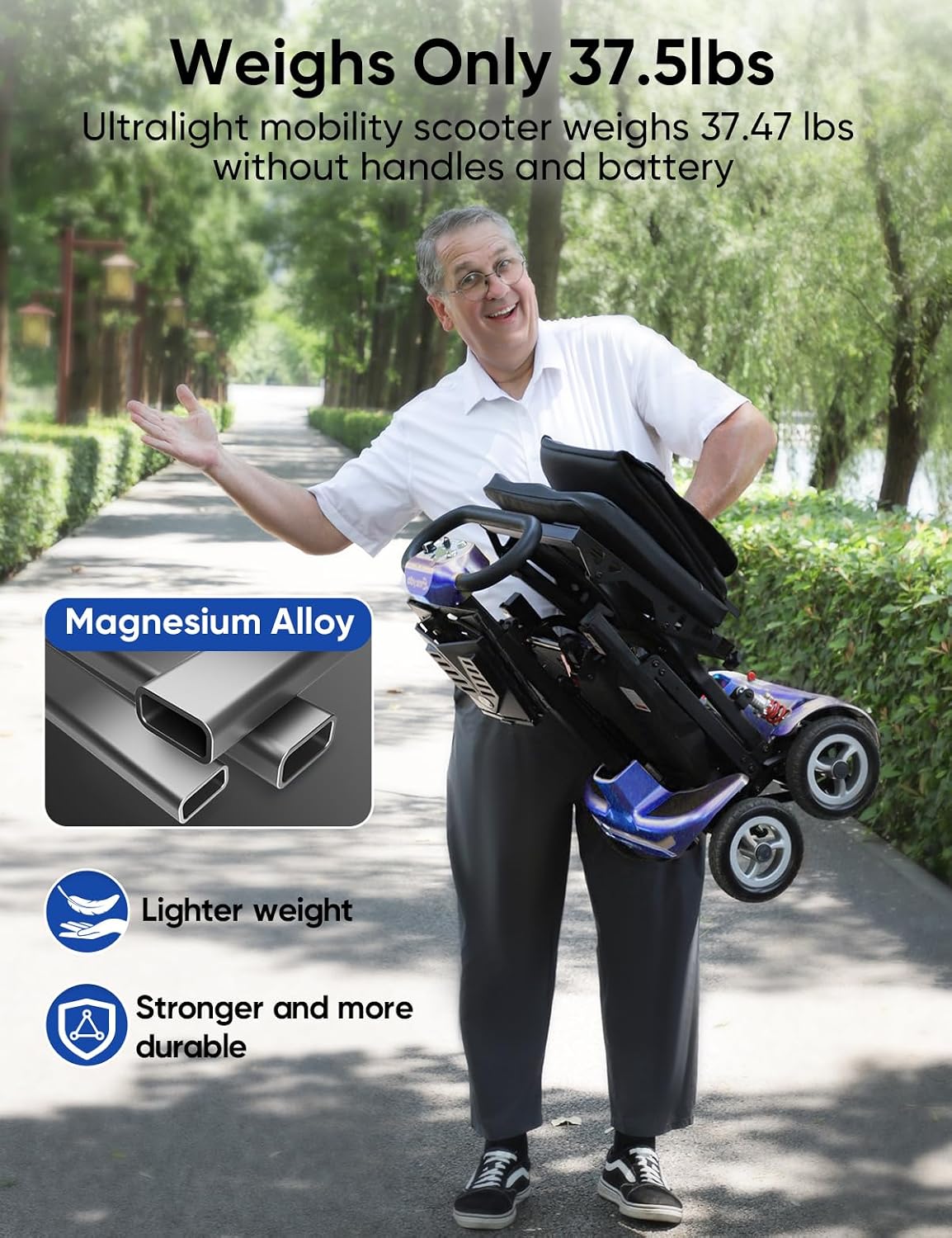 Folding Mobility Scooters for Seniors & Adults - 37.5lbs Lightweight Portable Travel Electric Scooter, Airport & Cruise Approved, All Terrain 4-Wheel Motorized Scooter, 275 lbs Capacity, Blue