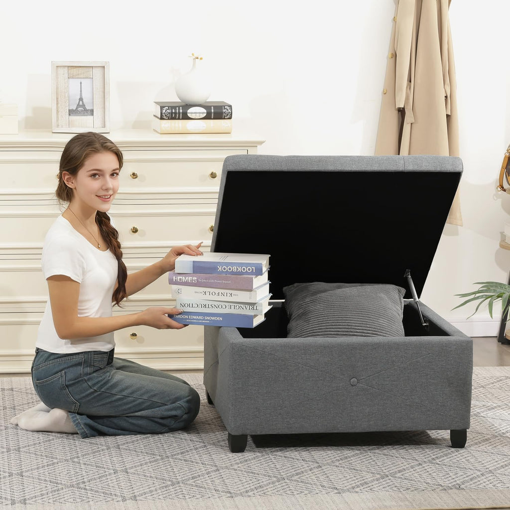 Homebeez 28.5' Tufted Storage Ottoman Bench | Multi-Panel Reinforced Fabric with Safety Pressure Hinges | for Living Room, Bedroom, Entryway | Foot Rest, Linen Ottoman, Cement Grey