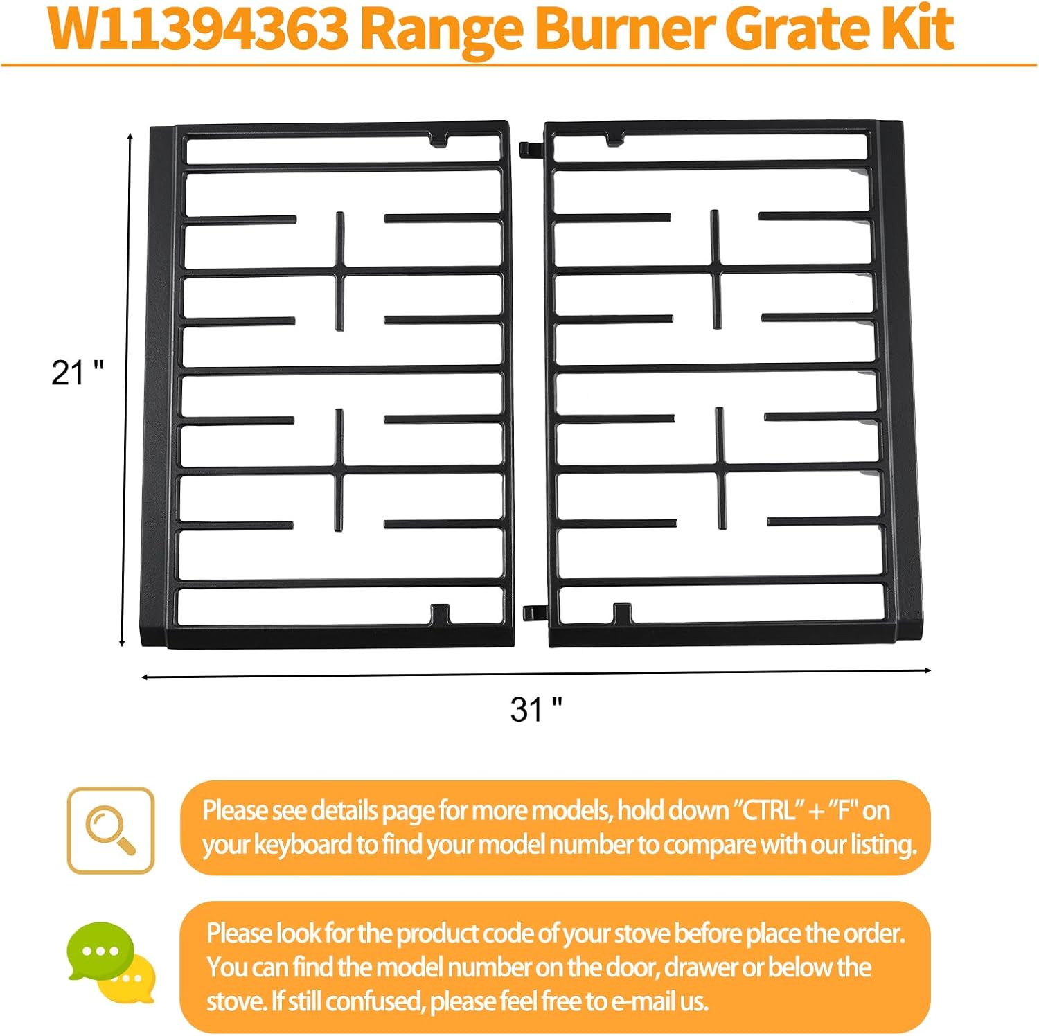 Atgestore W11394363 Stove Grate Replacement for Whirlpool Gas Stove Cast Iron Grate WPW10447923 WFG524SLAB0 WFG524SLAB1 Whirlpool Gas Range Parts Stove Top Cooktop Surface Burner Grate Rack