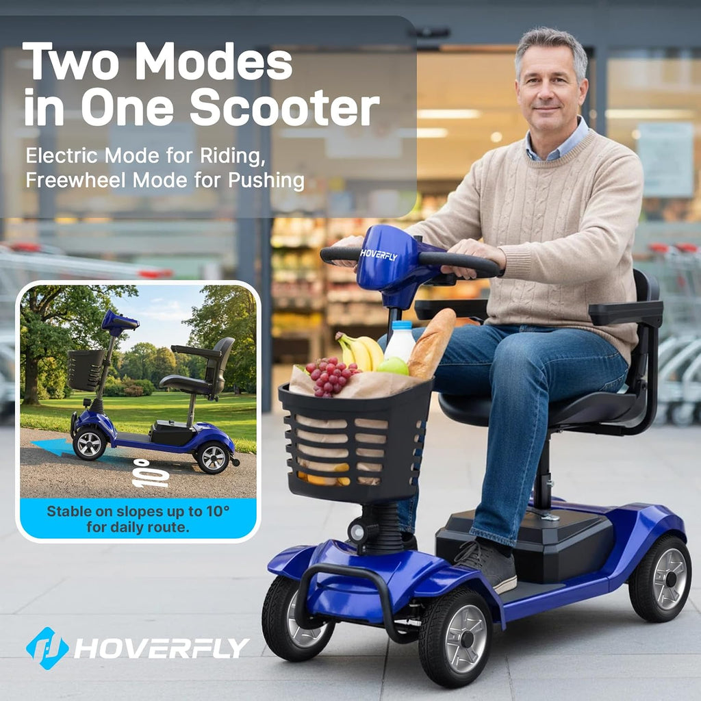 Hoverfly T4 Mobility Scooter for Seniors, Max 12.4-Mile Range & 3.7 mph, 3-Position Seat & Anti-slip Rear Wheel, Removed Battery&Quick Fold Design, Solid 9' Tire&330 lb Capacity, Ease of Assembly Blue