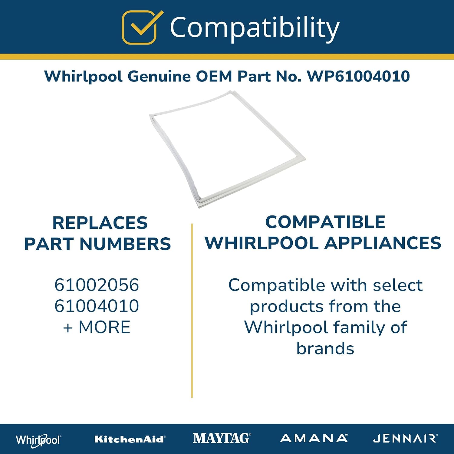 Whirlpool WP61004010 Genuine OEM Refrigerator Door Gasket Replacement Part - Replaces 61002056 and 61004010