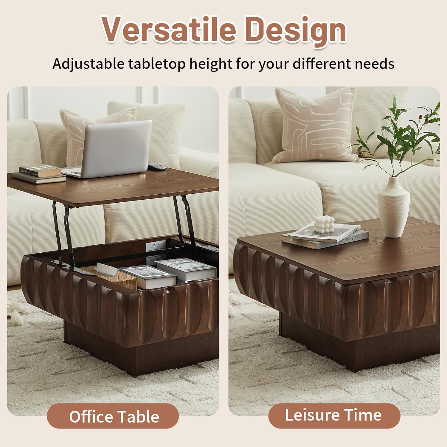 LKTART 31' Lift Top Coffee Table for Living Room, Fluted Coffee Table with Hidden Storage Compartment, Mid Century Modern Solid Wood Veneer Square Center Table for Office Apartment Small Space, Walnut