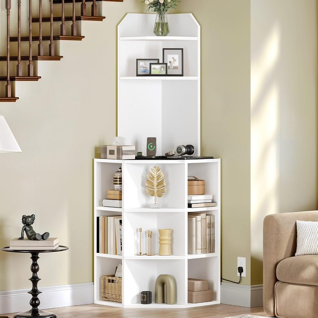 GOOBED Corner Shelf Cabinet, Modern Corner Storage Rack with Charging Station, Wooden Display Bookshelf Bookcase for Living Room, Bedroom, Dining Room, Kitchen, White
