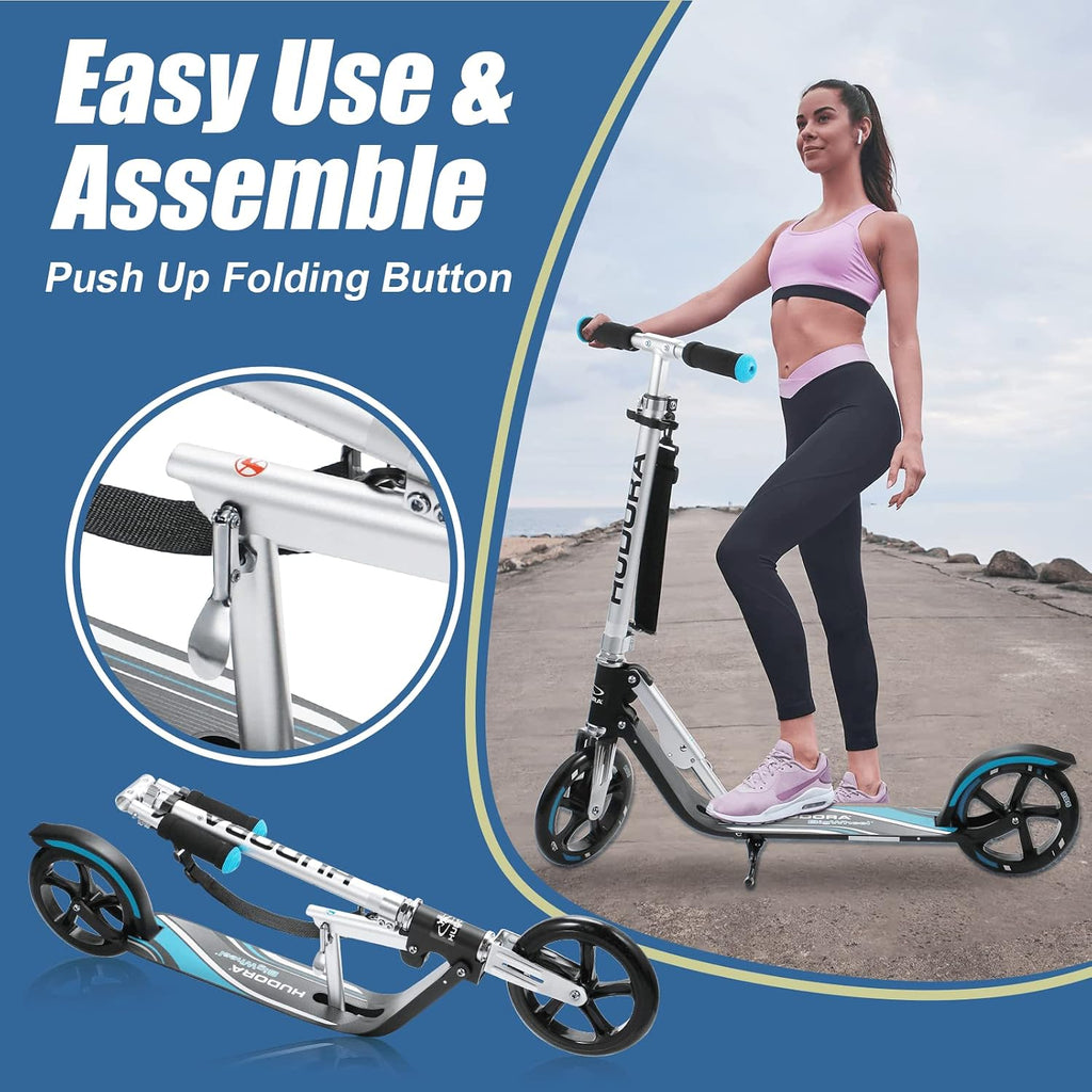 HUDORA Adjustable Height Folding Scooter for Kids, Blue, 8 Inch Big Wheels