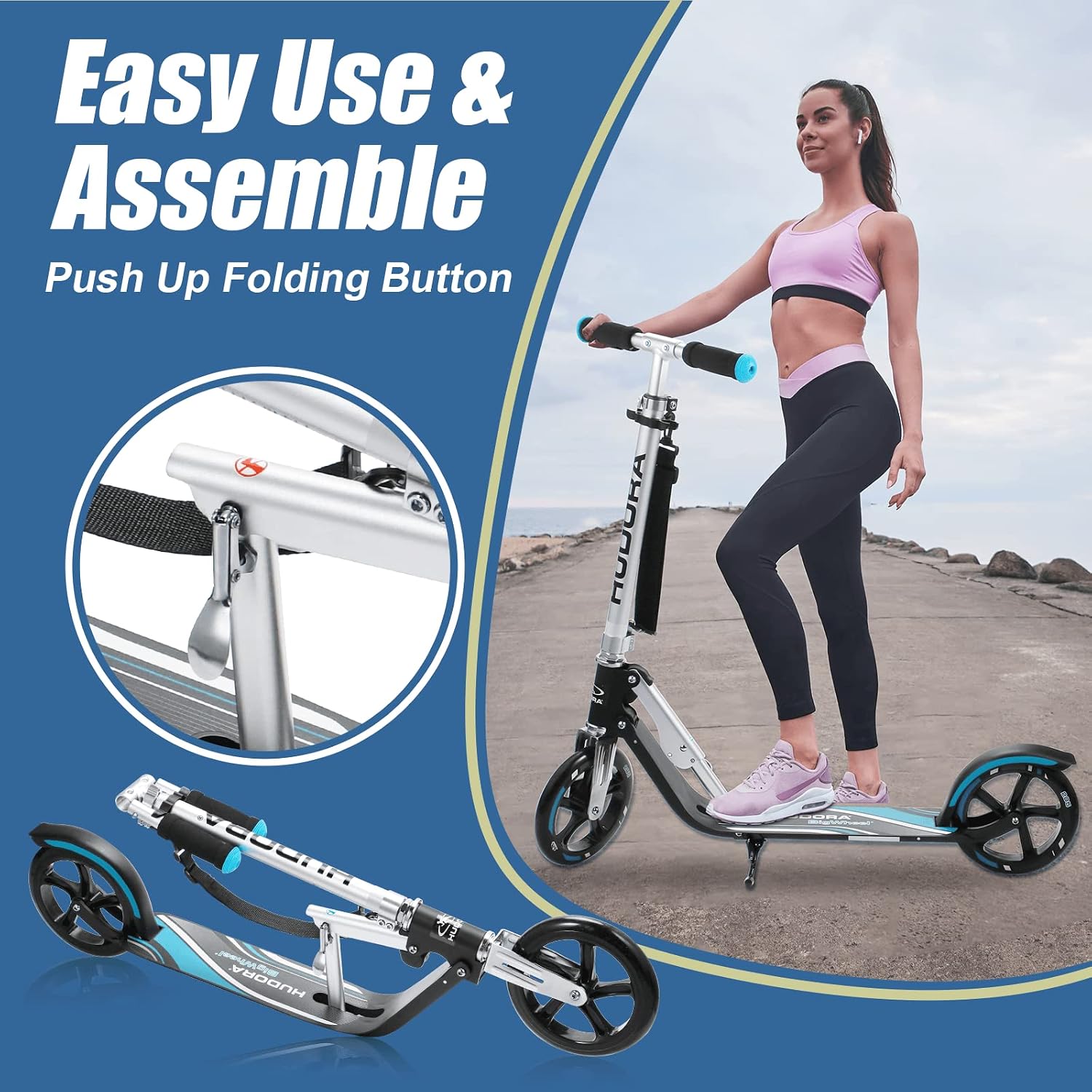 HUDORA Adjustable Height Folding Scooter for Kids, Blue, 8 Inch Big Wheels