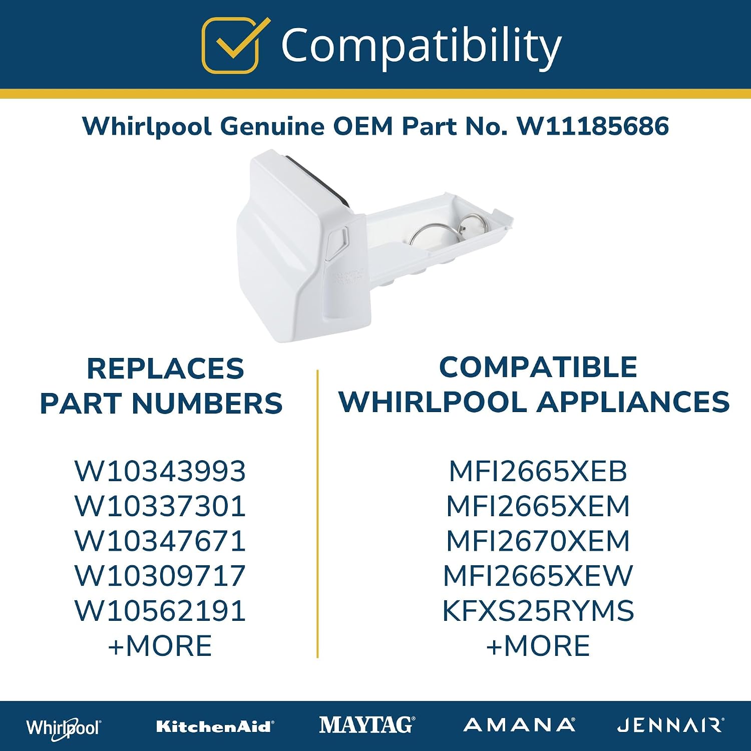 Whirlpool W11185686 Genuine OEM SxS Refrigerator Ice Container Replacement Part - Replaces W10309717, W10337301, W10343993, W10347671, W10536669, W10562191, W11097357, and WPW10562191