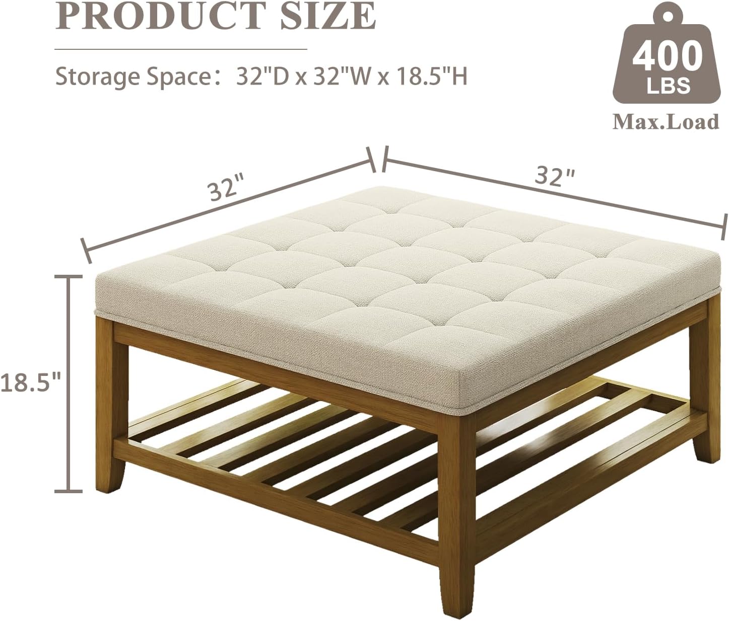 Befurtori Large Square Ottoman Coffee Table, Linen Solid Upholstered Footrest Ottoman with Solid Wood Shelf Storage Tufted Coffee Table for Bedroom Living Room, Ivory