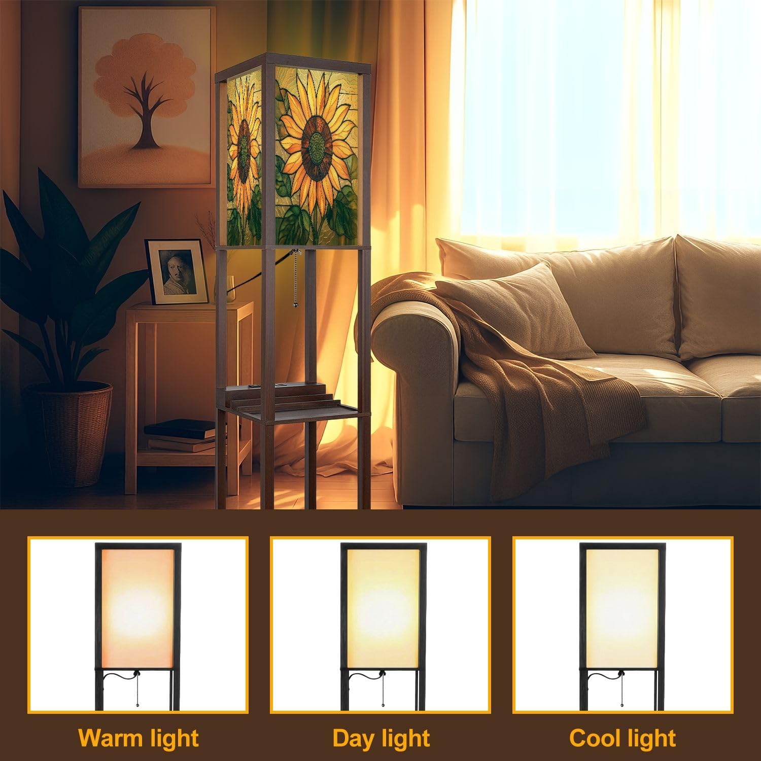 Floor Lamp with Shelves Sunflower Stained Glass Decoration Vibrant Window Art Standing Tall Lamp USB Ports & Power Outlet Modern Corner Lamp Nightstand Light for Living Room Bedroom