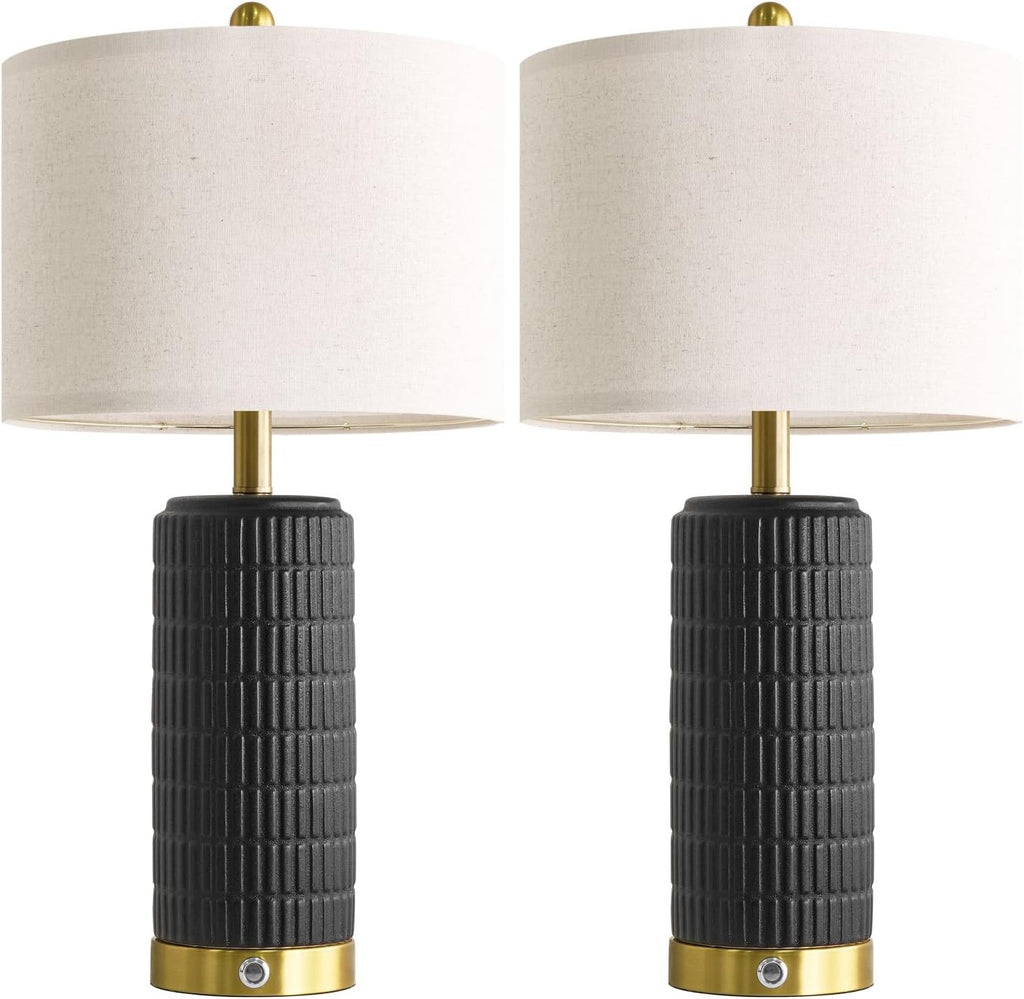 PoKat Ceramic Table Lamps Set of 2 for Living Room, 25'' Modern Touch Bedside Lamps for Bedroom with 2 USB Ports, Farmhouse Black Matte-Textured Nightstand Lamps Office Home Decor (Bulbs Included)
