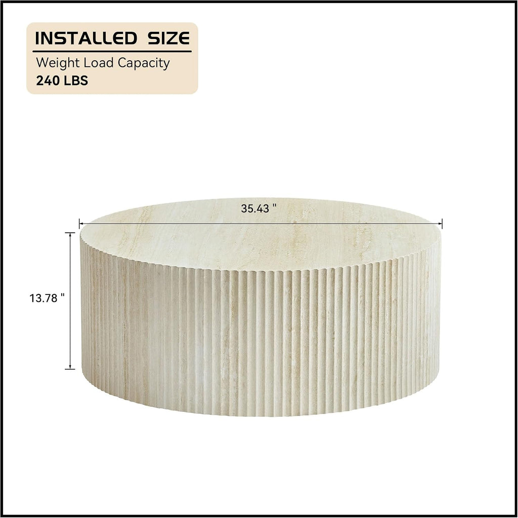 WILLIAMSPACE 35.43' Round Coffee Table with Eye-Catching Relief Design, Modern Luxury Faux Travertine Center Table Accent Side Tea Table for Living Room, No Need Assembly - Beige