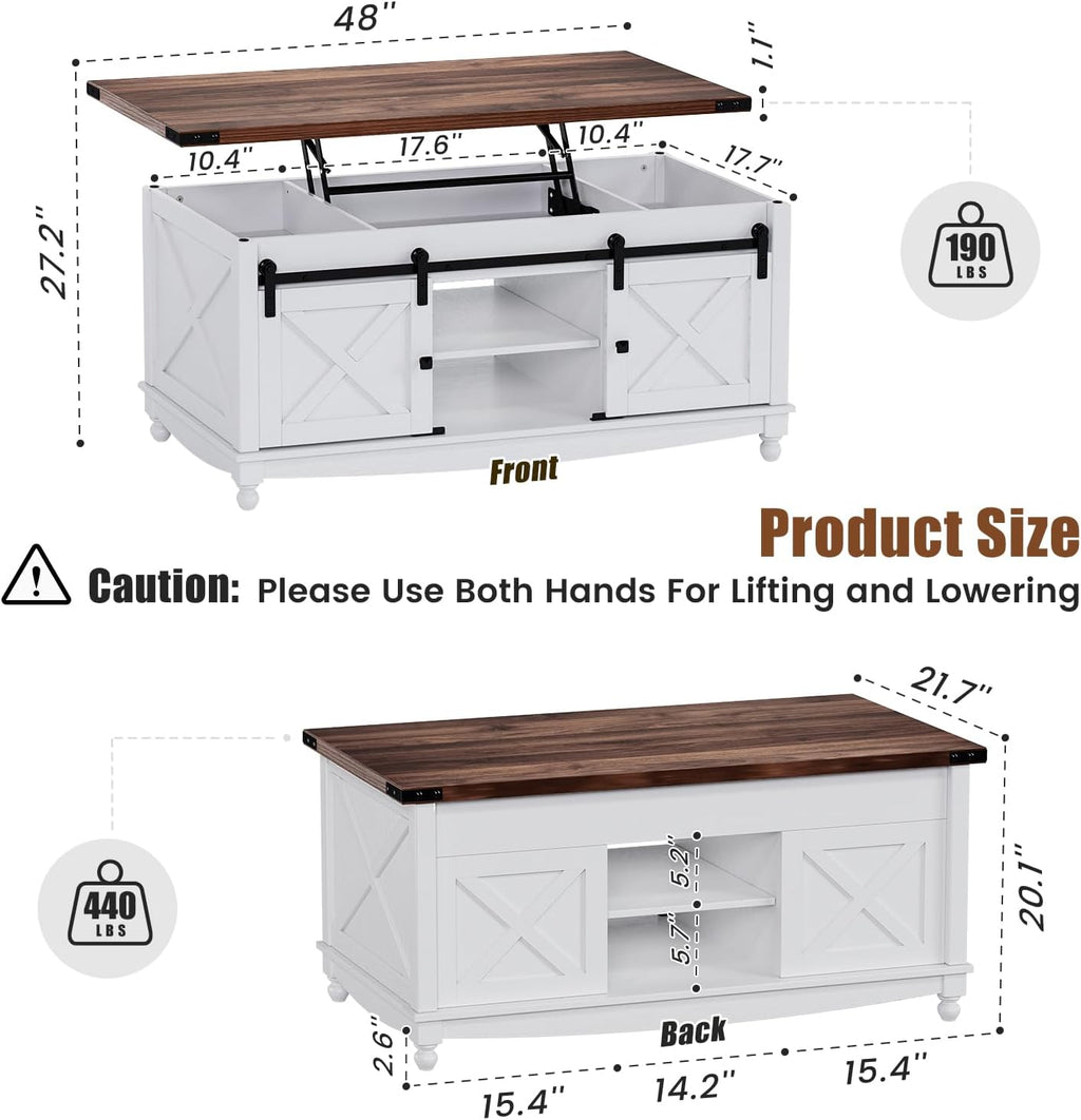 ALLSTAND 48' Farmhouse Lift Top Coffee Table with Storage Sliding Barn Door & Large Hidden Compartment, Coffee Table with Lifting Top with Wooden Lift Tabletop, Coffee Tables for Living Room, White