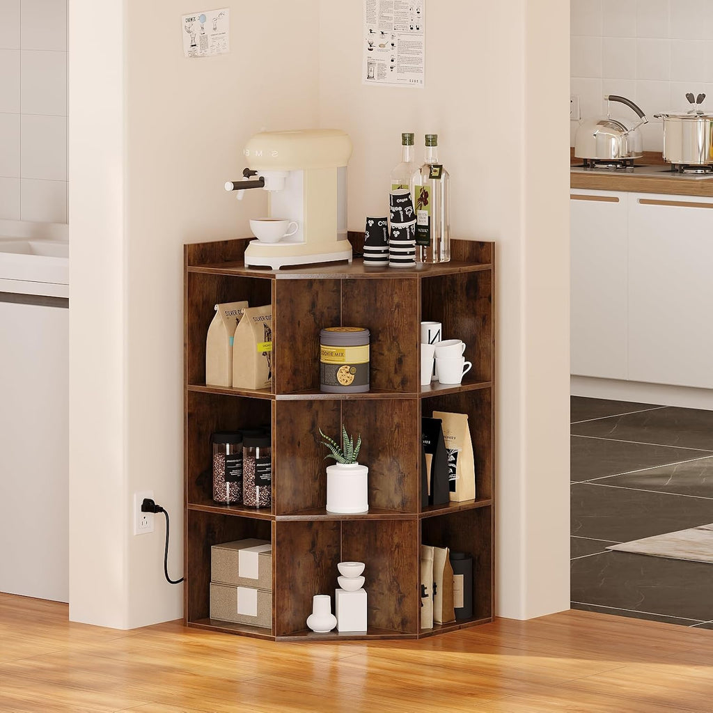 ALISENED 9 Cubes Brown Corner Cabinet, Corners Cube Shelf with USB Ports and Outlets, Toy Corners Storage for Small Space, Wooden Cubby Corner Bookshelf for Living Room, Bedroom, Dining Room, Kitchen