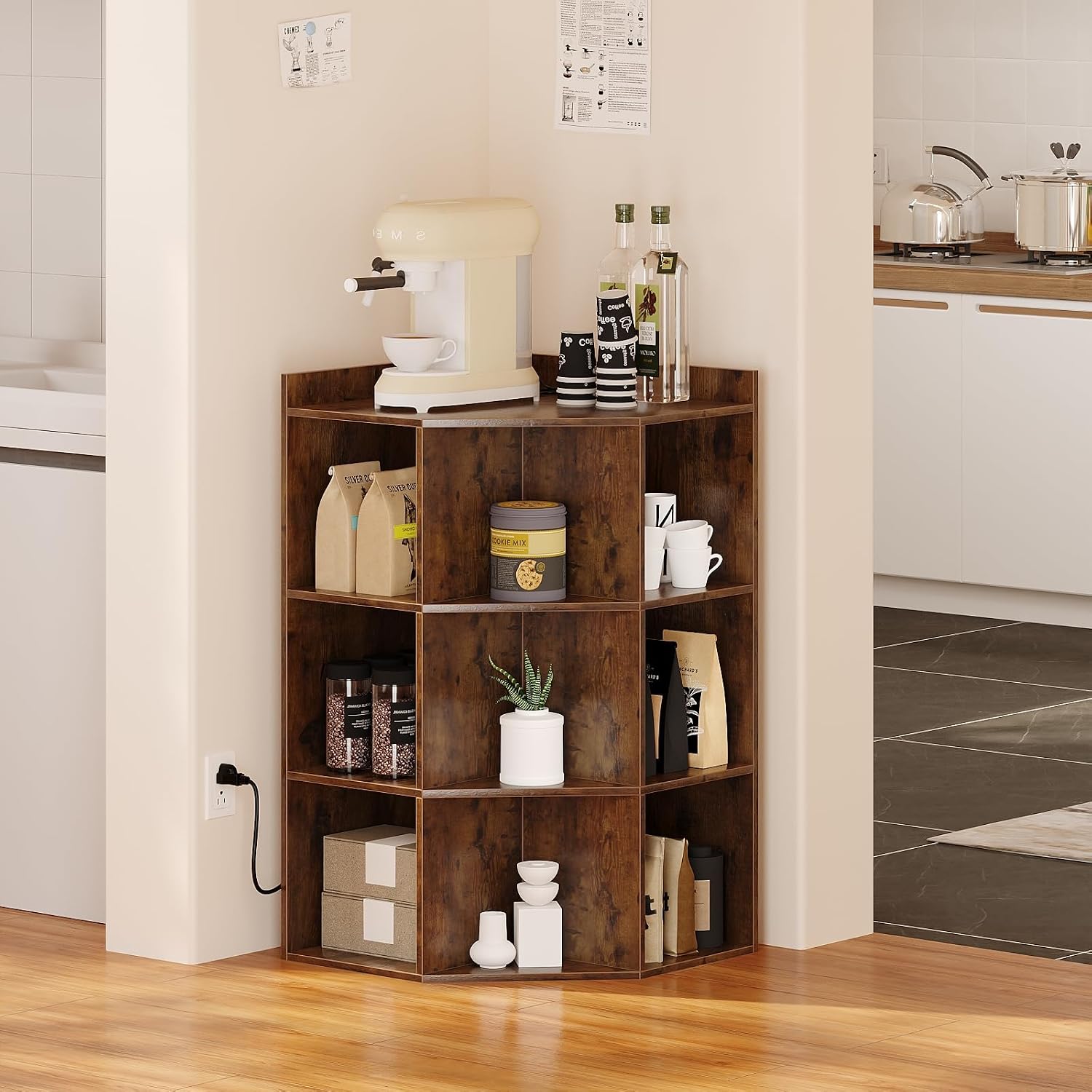 ALISENED 9 Cubes Brown Corner Cabinet, Corners Cube Shelf with USB Ports and Outlets, Toy Corners Storage for Small Space, Wooden Cubby Corner Bookshelf for Living Room, Bedroom, Dining Room, Kitchen