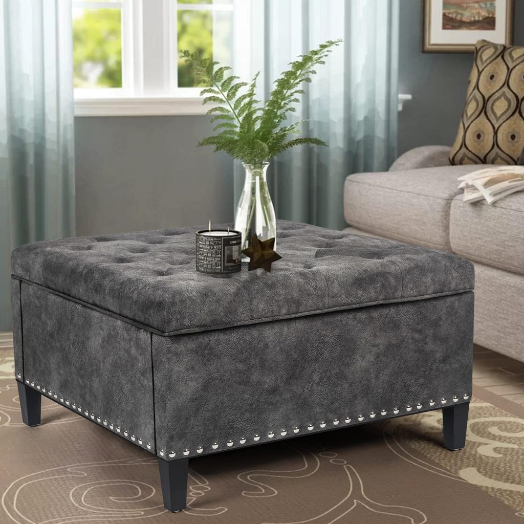 Joveco Storage Ottoman Square Tufted Bench Coffee Table Footrest for Living Room Bedroom, Need to DIY Assemble/ Put it Together, (Dark Gray)