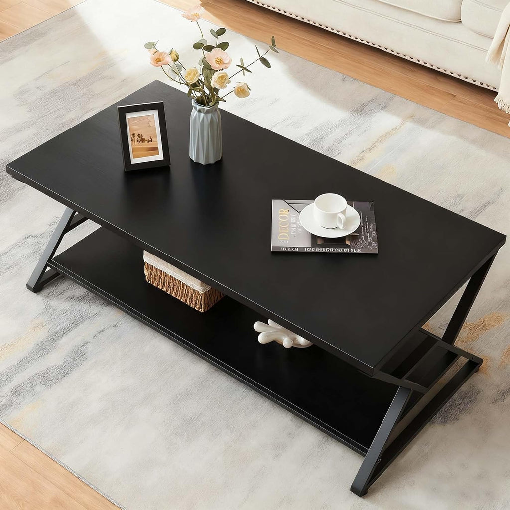 HOMISSUE Coffee Table, Rustic Rectangle Coffee Table with 2-Tier Storage, Engineered Wood Center Table with Open Shelves, Minimalist Coffee Table for Living Room, 47 Inch, Black