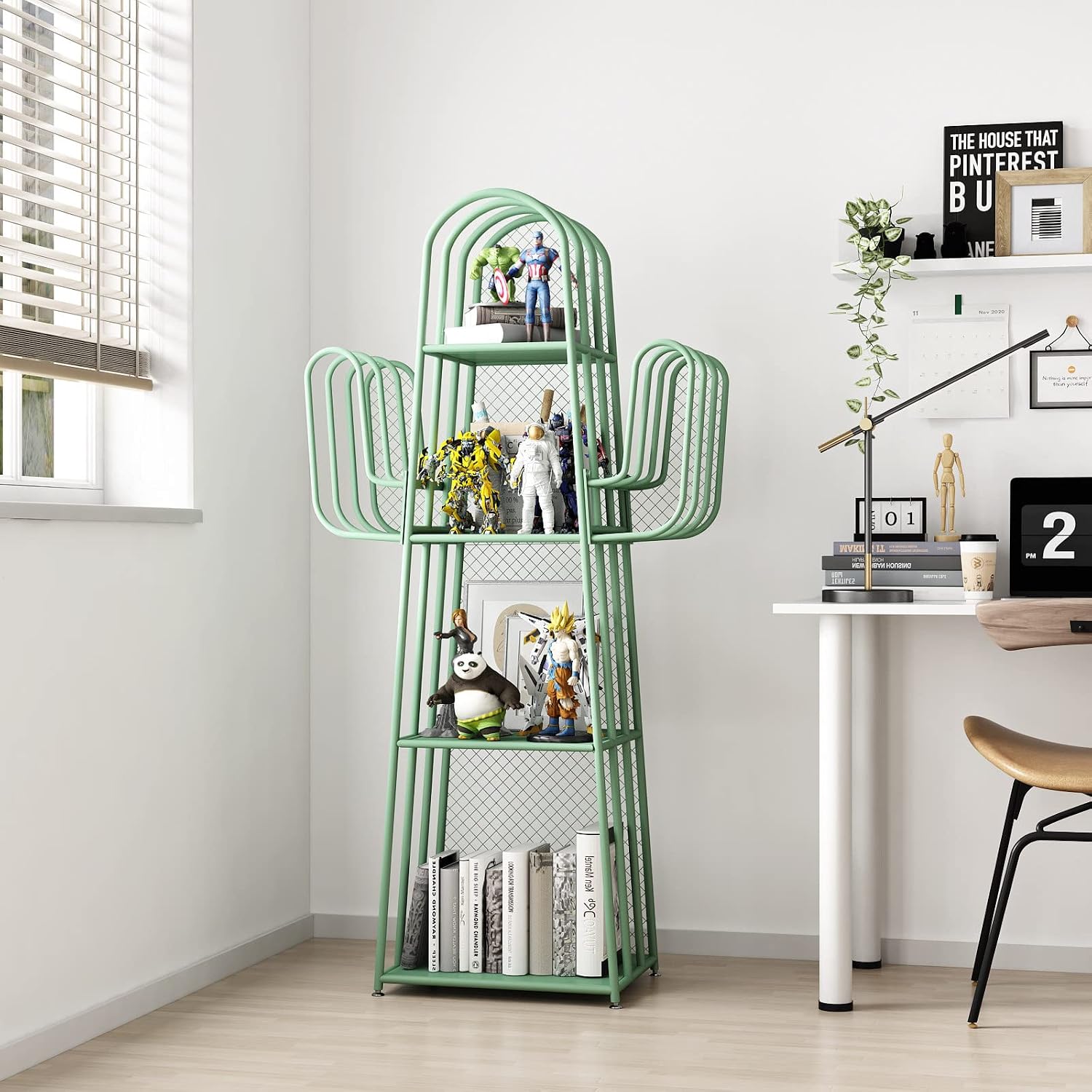 DOORXIF 4-Tier Ladder Green Bookshelves Freestanding, Cactus Bookcase Storage Organizer Closet Corner Metal Display Cabinet, Corner Bookshelf for Small Spaces, Green Bookcase for Bedroom Office