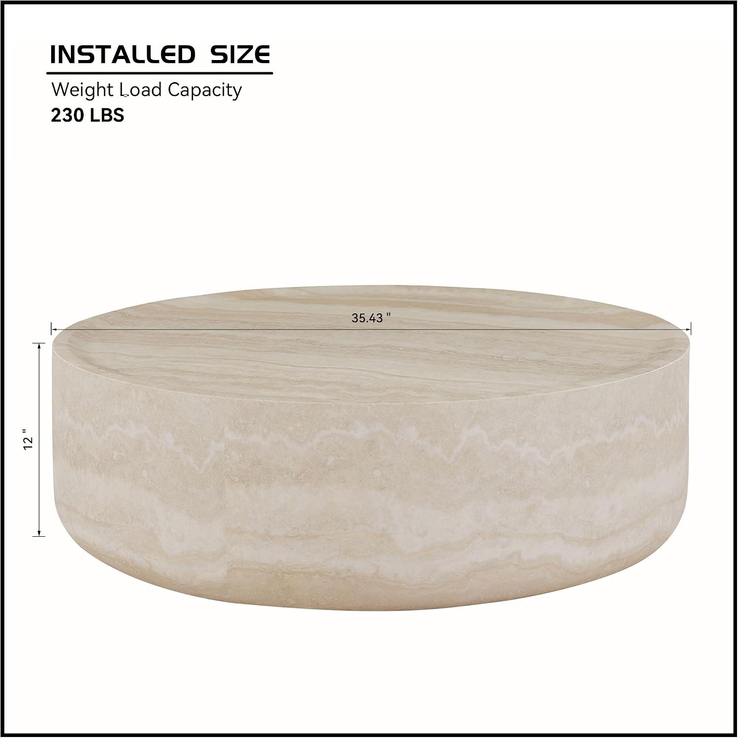 35.43' Marble Travertine Round Drum Coffee Table for Living Room, Modern Circle Center Side Table End Table for Living Room, Apartment, Office, No Need Assembly, Marble Stone Shape