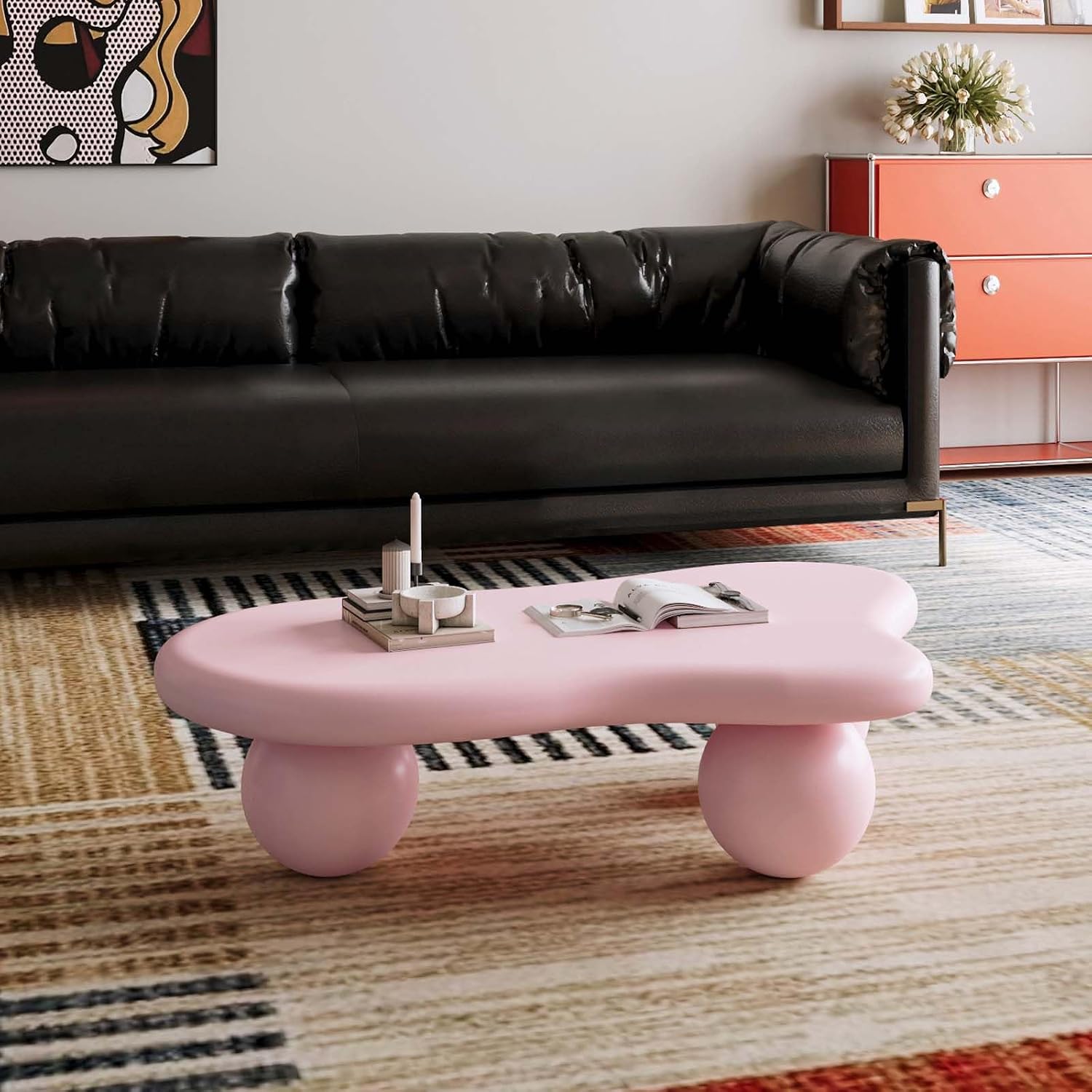 40' Modern Small Coffee Table Cloud Shape Low Center Table Cute Irregular Indoor Tea Table with 3 Ball Legs for Living Room Small Space