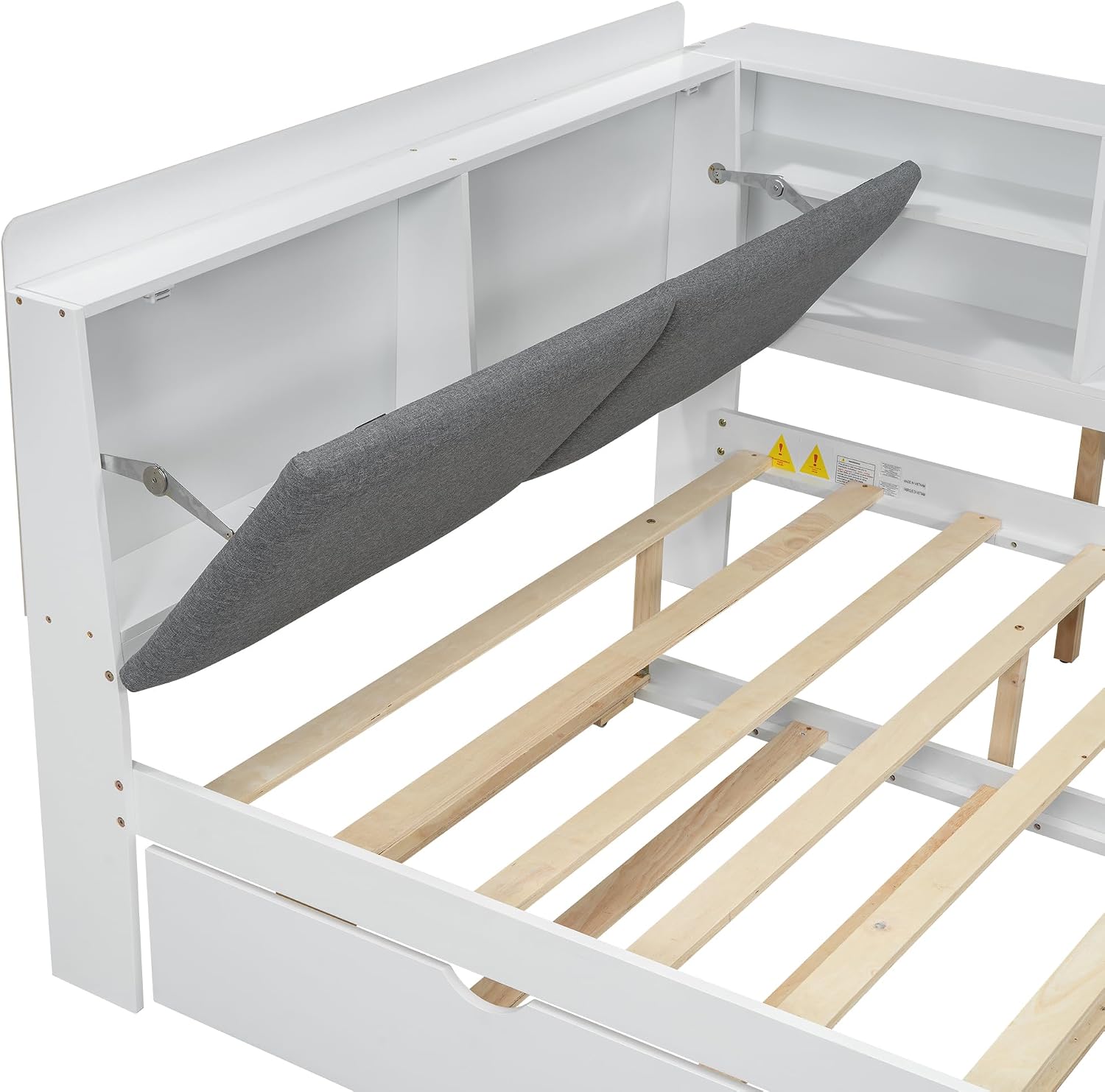 Full Size Bed with Storage Headboard, Full Daybed with Trundle and L-Shaped Shelves, Solid Wood Corner Platform Bed Frame with Storage for Apartment Bedroom, White