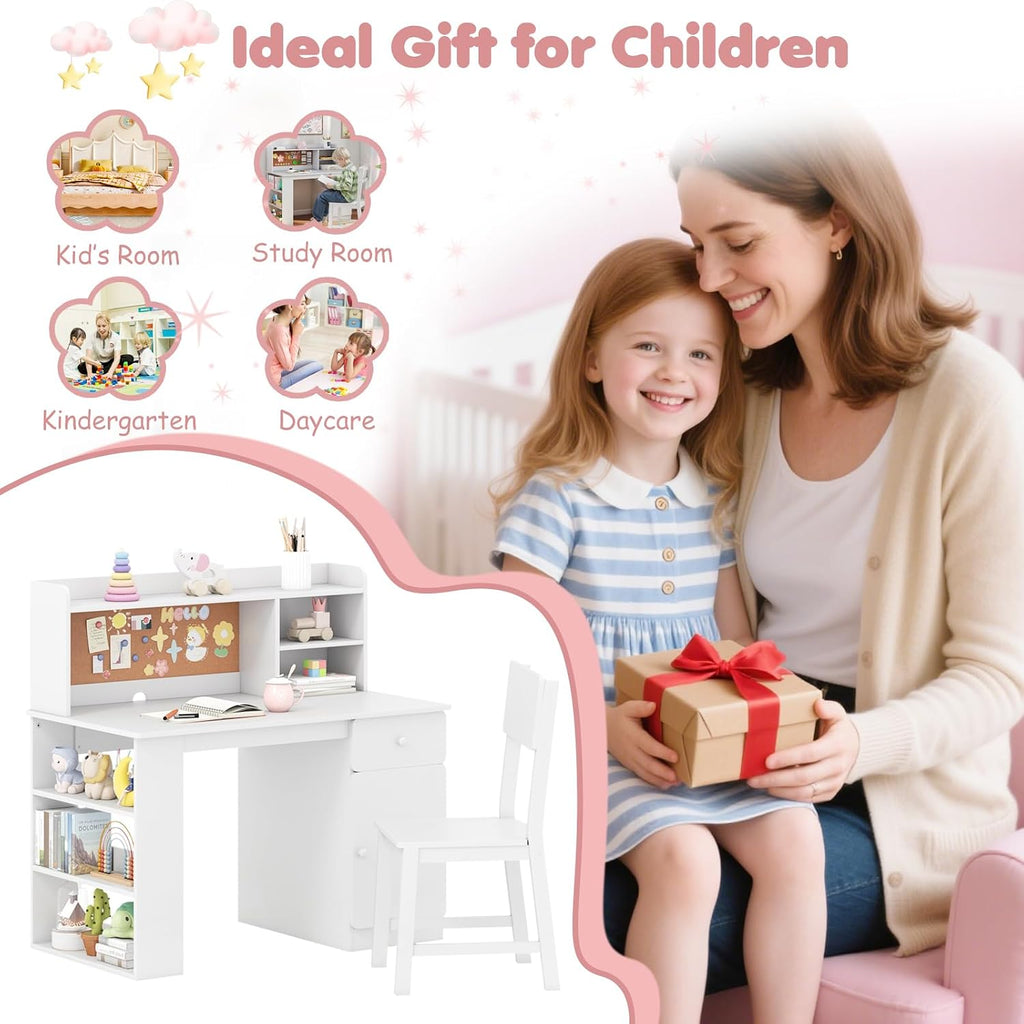 HONEY JOY Kids Desk and Chair Set, Large Wooden Children School Study Table and Chair w/Drawer, Hutch, Storage Shelves, Student Writing Desk Computer Workstation for Bedroom, 7+ Years Old (White)