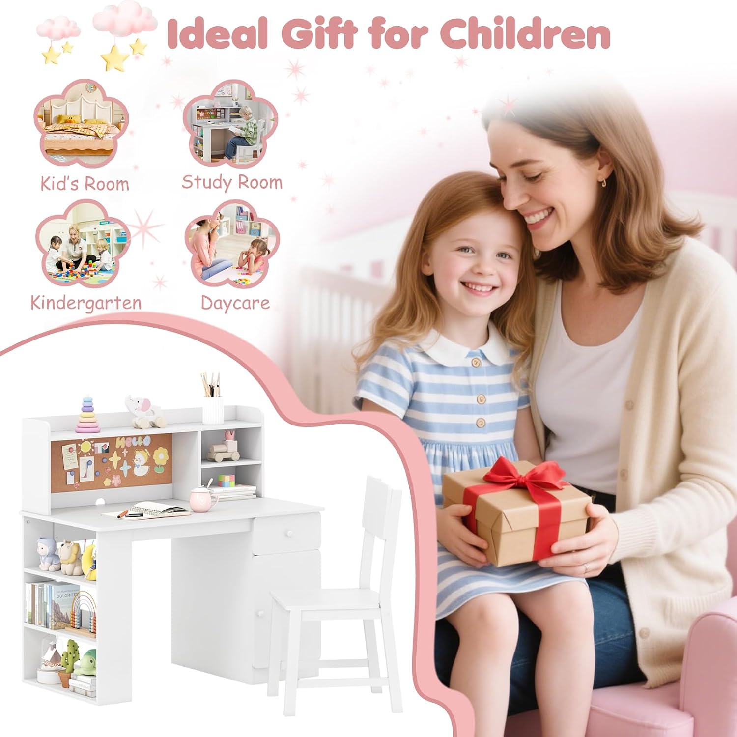 HONEY JOY Kids Desk and Chair Set, Large Wooden Children School Study Table and Chair w/Drawer, Hutch, Storage Shelves, Student Writing Desk Computer Workstation for Bedroom, 7+ Years Old (White)