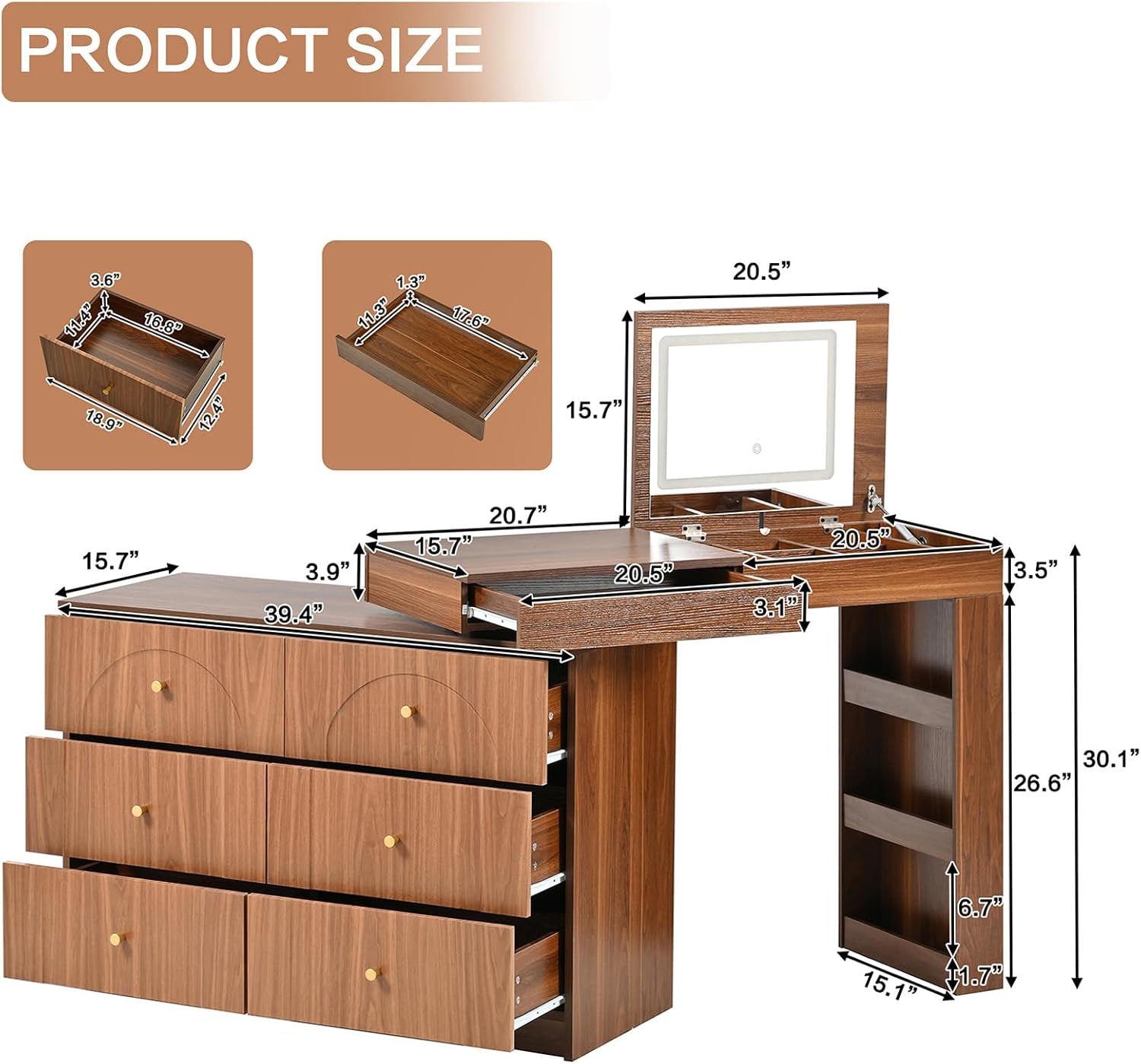 Convertible Brown make up Vanity Desk with Mirror and Lights, Wood Corner Makeup Desk & Large Makeup Table with 7 Storage Drawers / 9 Jewelry Compartments / 3 Shelves / Flip-Top Tabletop (Walnut)