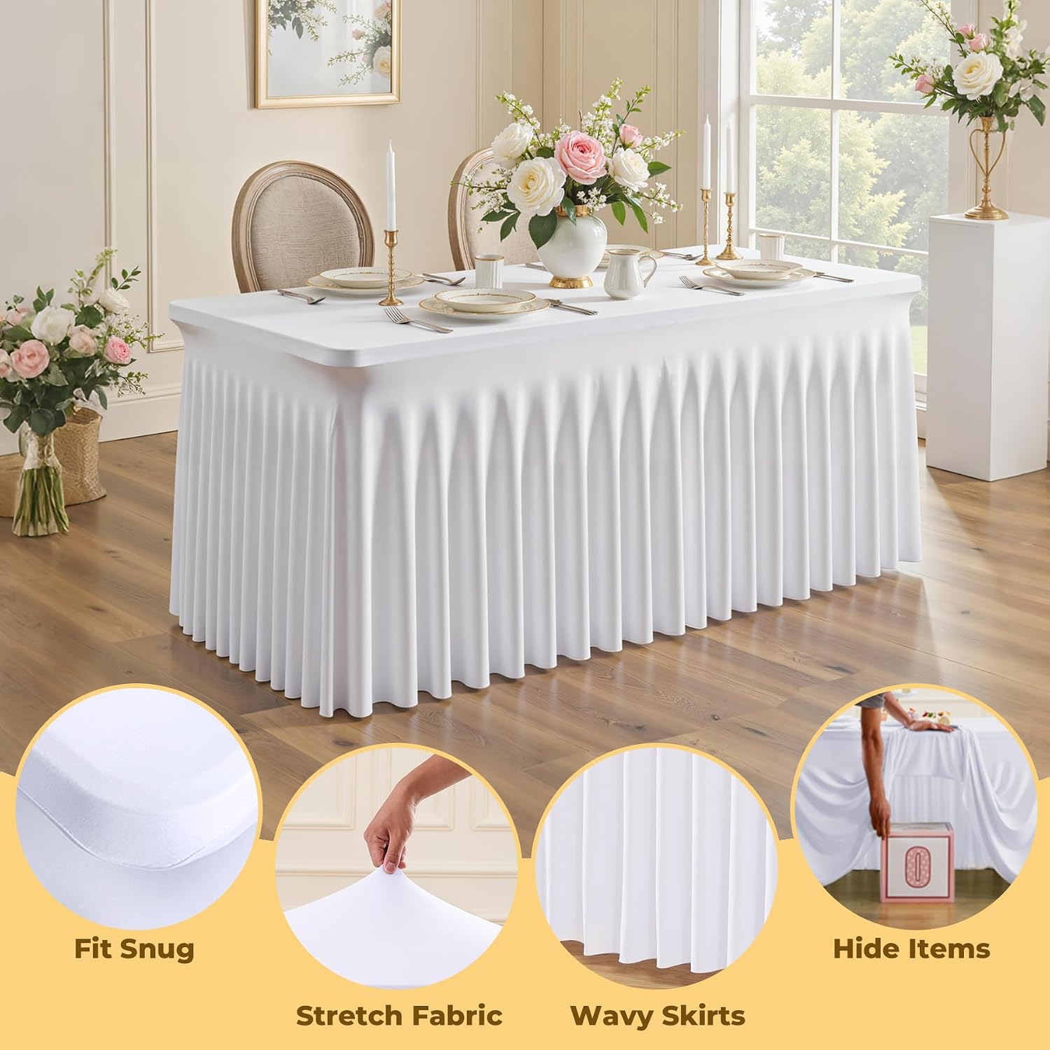 6 Pack White Spandex Fitted Tablecloth 8 Foot - Stretch Table Clothes for 8 FT Rectangle Table, Washable Ruffles Elastic for Weddings, Buffet, Banquet, Trade Craft Show, Party Celebration