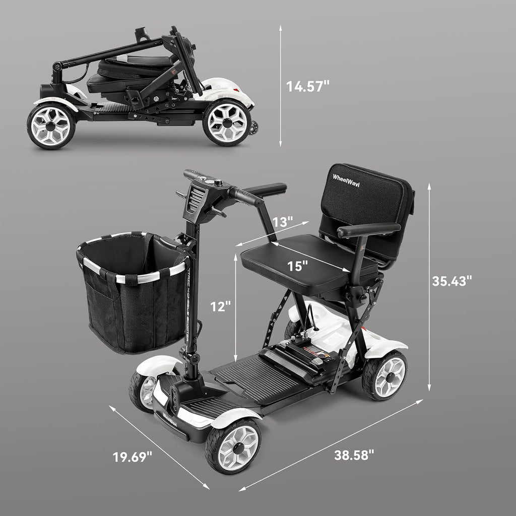 20 Miles Range Lightweight Mobility Scooter for Adults & Seniors - 47lbs Foldable 4 Wheel Travel Electric Scooter with Removable Battery, LED Lights - 300lb Capacity (White)