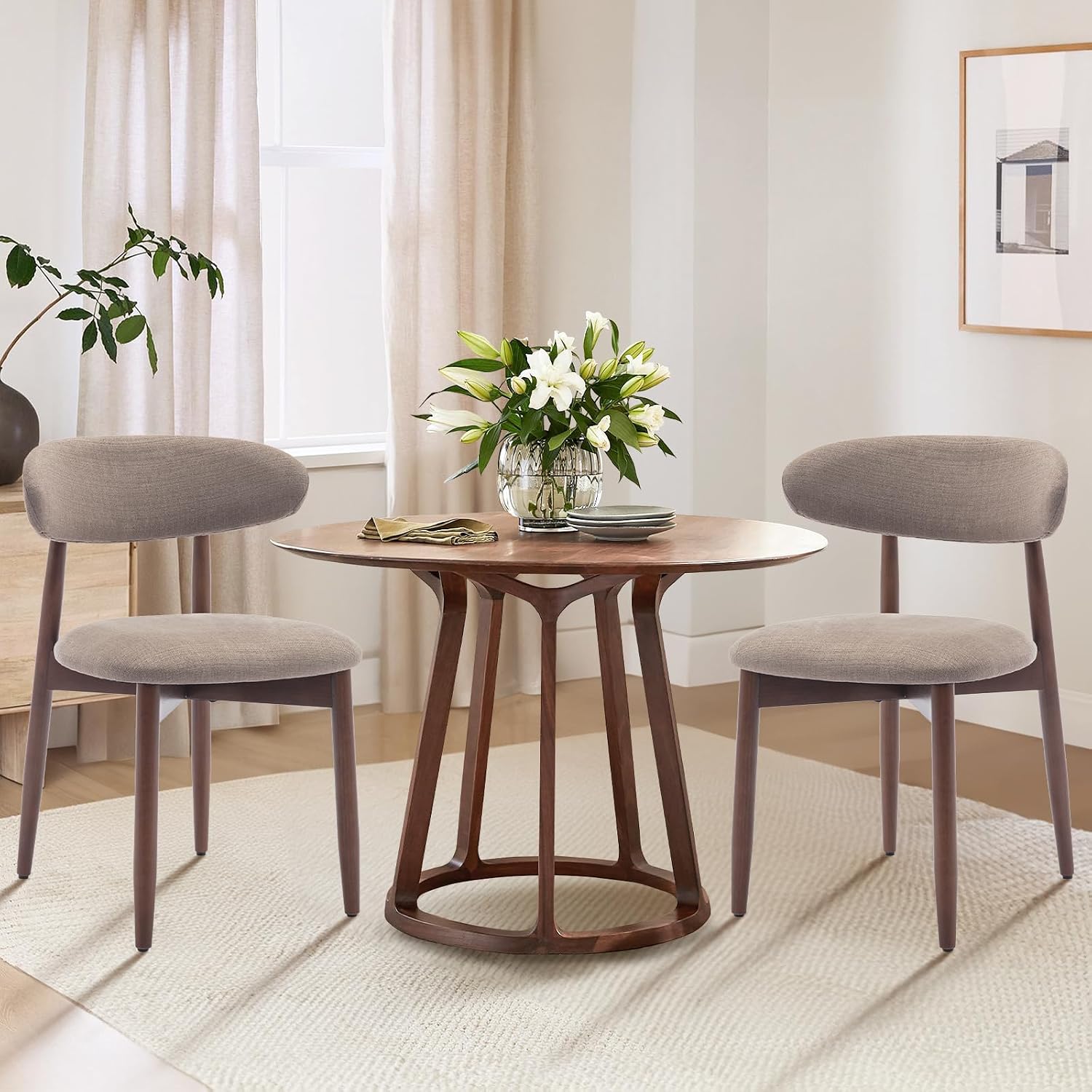 COLAMY Wooden Dining Chairs Set of 2, Modern Fabric Upholstered Dining Room Chair, Farmhouse Kitchen Chair with Foot Pegs, Camel