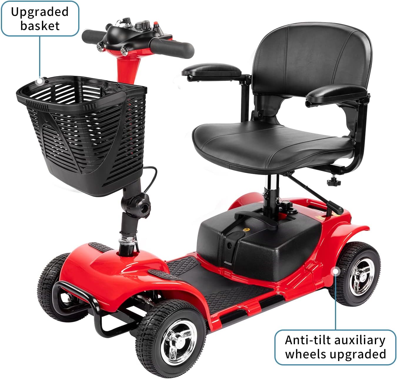 4 Wheel Mobility Scooter, Electric Power Mobile Wheelchair for Seniors Adult with Lights- Collapsible and Compact Duty Travel Scooter w/Basket Extended Battery Red Light Red