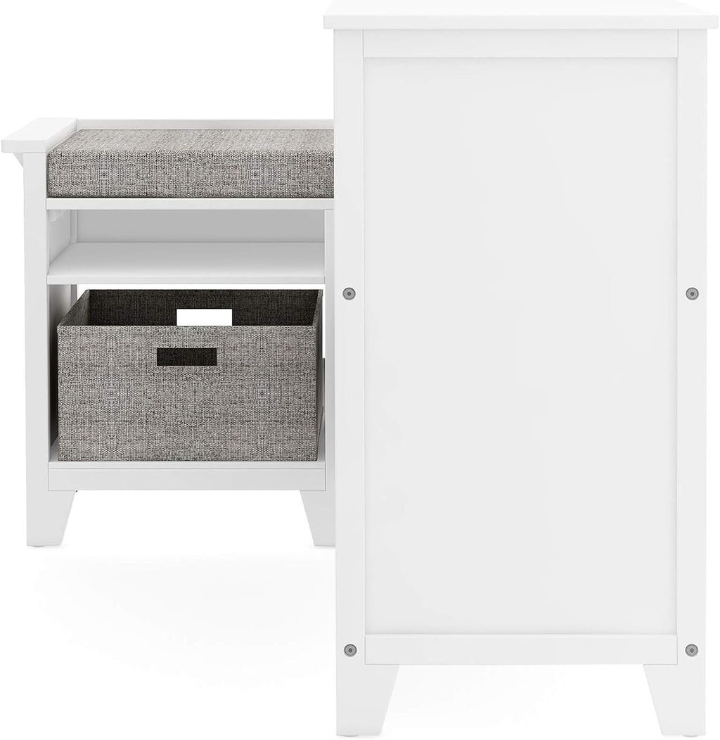 Martha Stewart Kids' Corner Nook - Linen White: Wooden Storage Bench Bookcase Organizer with Seat Cushion and Fabric Bins for Reading in Bedroom or Playroom
