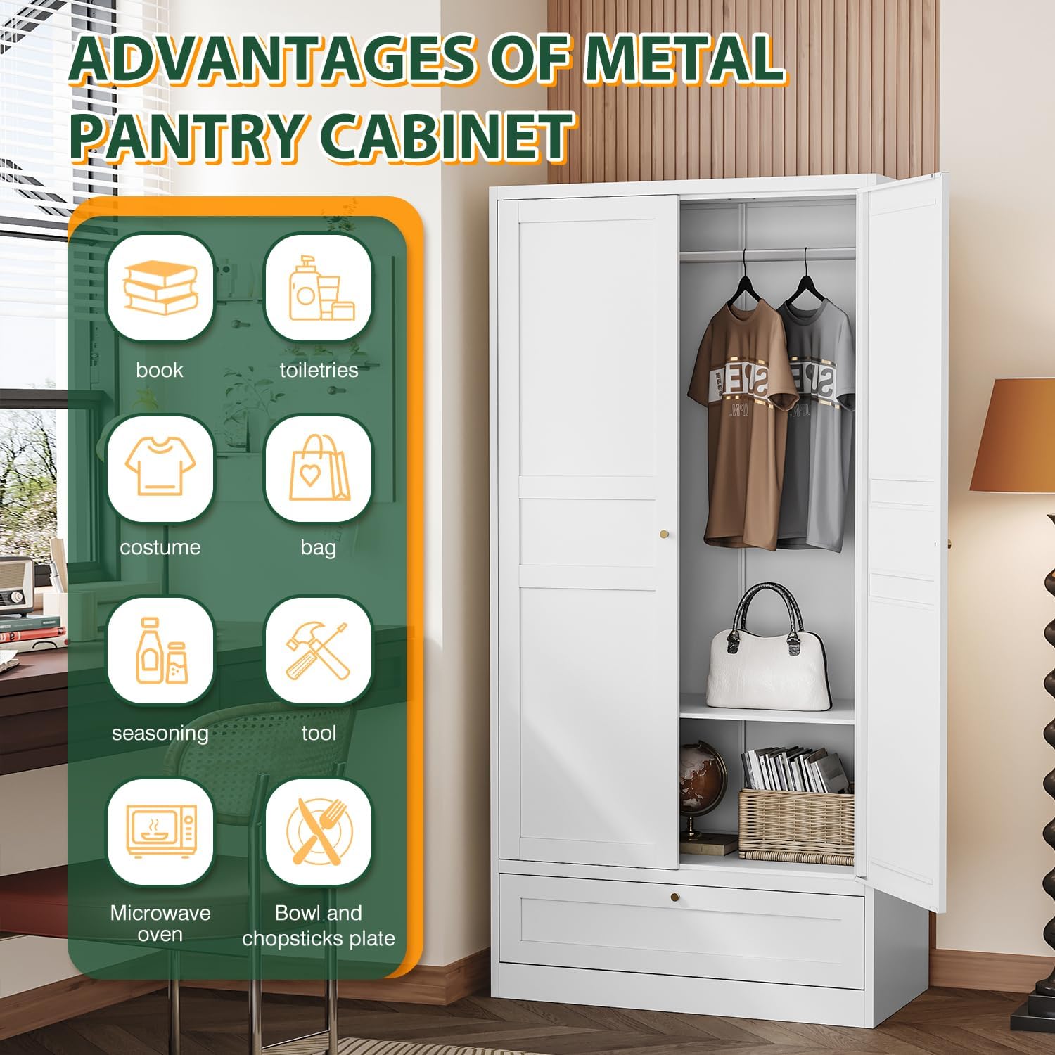 Letaya Wardrobe Closet,72' H Clothing Metal Storage Cabinet with Storage Drawer Adjustable Shelves and Hanging Rod,Bedroom Armoire Cabinet Clothes Organizer (White)