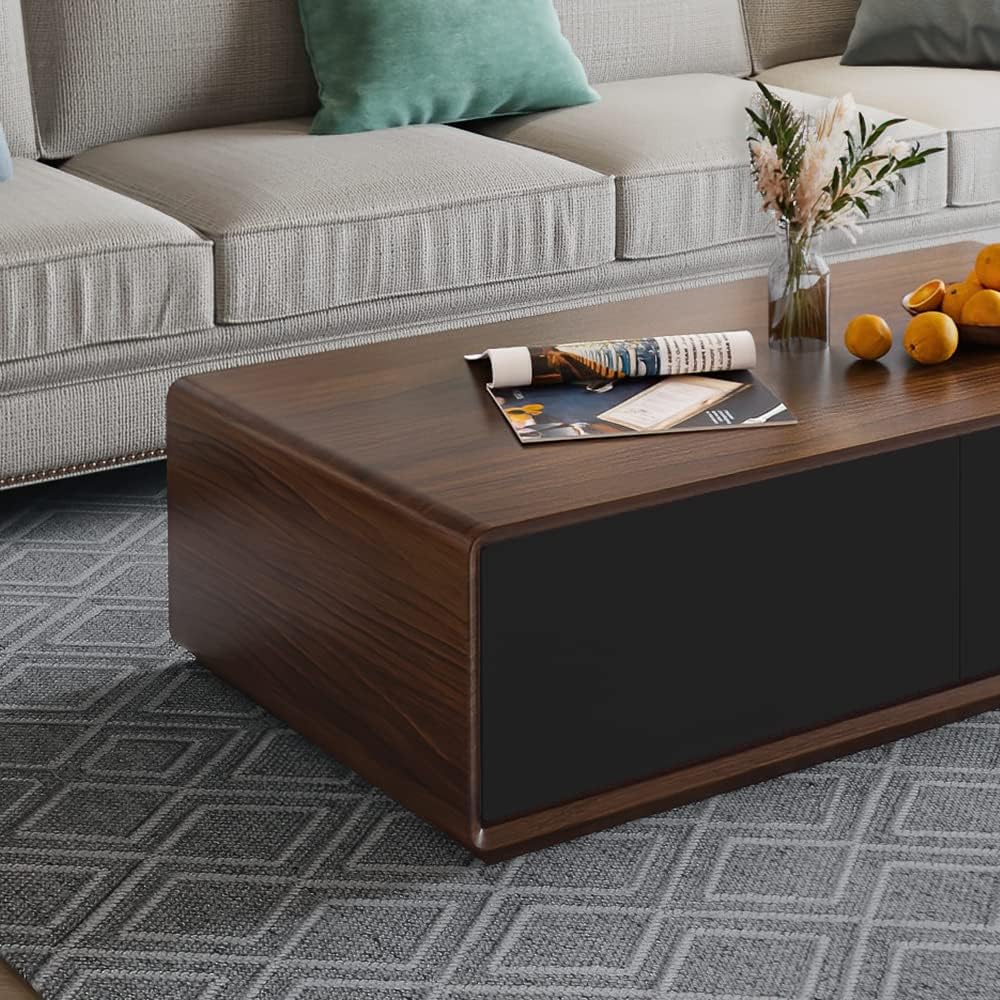 POVISON Modern Coffee Table for Living Room, 51 inch Square Coffee Table with Storage, 4-Drawers Wood Table, Full-Assembled, Walnut and Black