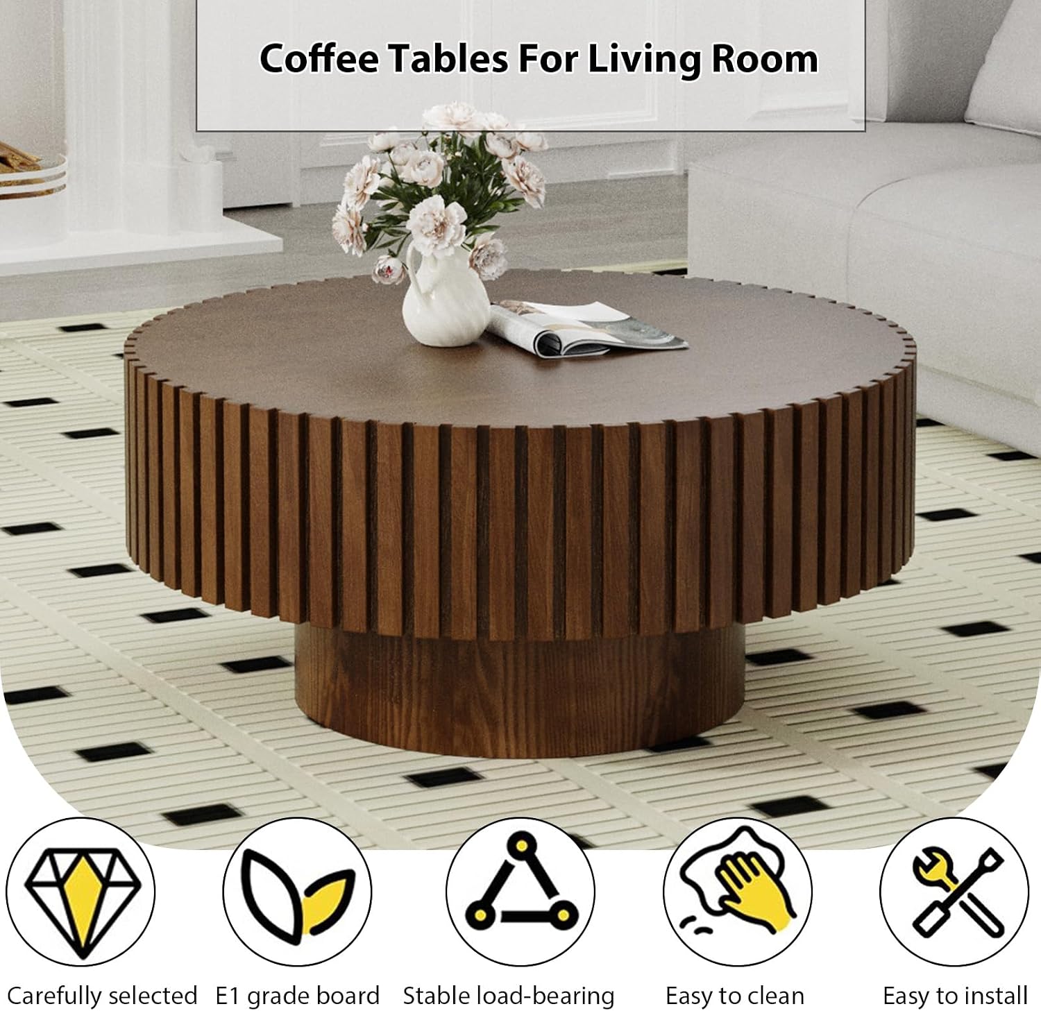 Round Fluted Coffee Table Mid Century Modern Coffee Tables with Handcrafted Relief Circle Drum End Table Rustic Industrial Center Tables for Apartment Living Room (Brown Round)