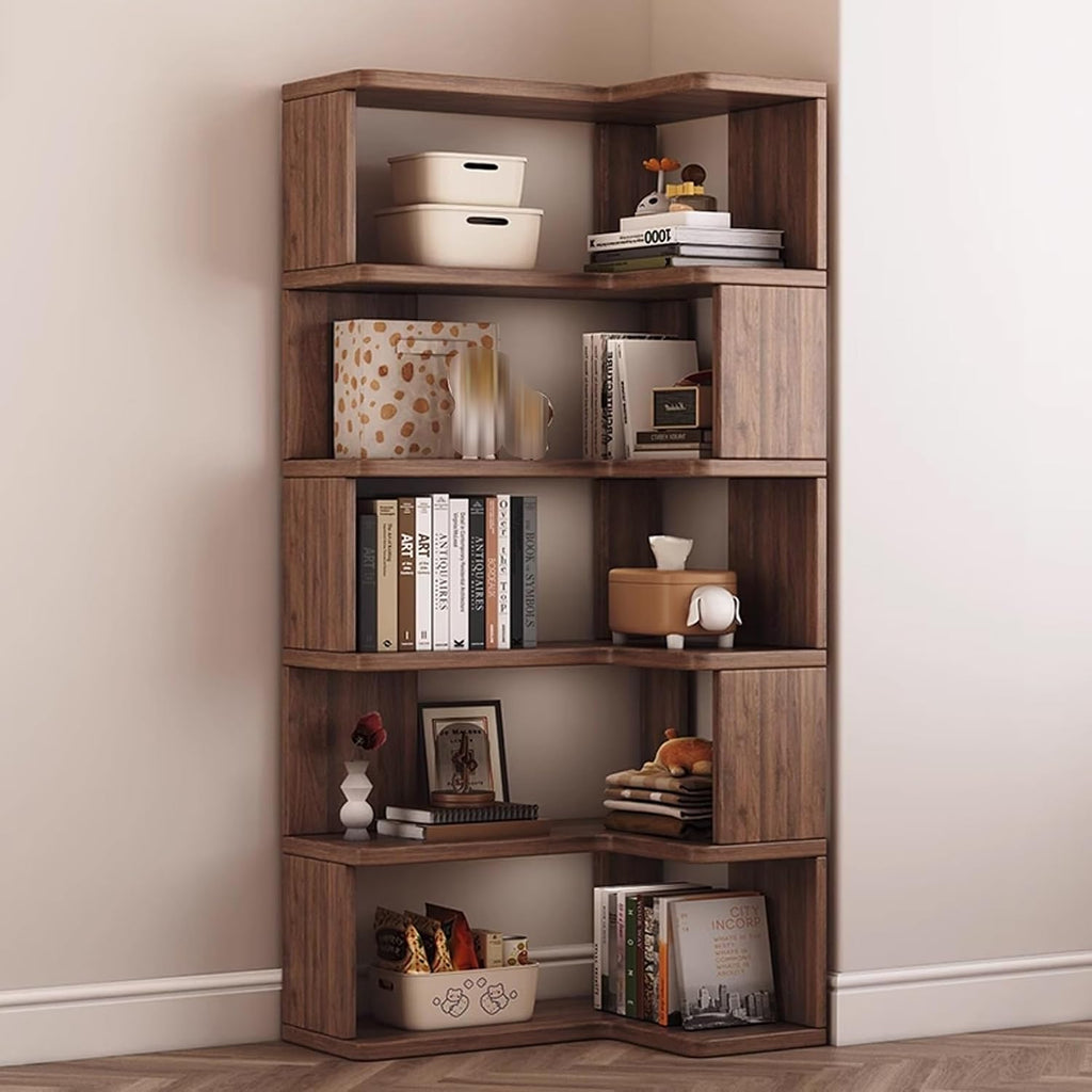 Open Shelf Corner Bookshelf, Multi-Layer Corner Shelf, Wooden Cube Display Shelf, Corner Bookcase Toy for Small Space, Book Storage, for Game Room, Bedroom(Black Walnut,60x40x159.7cm)