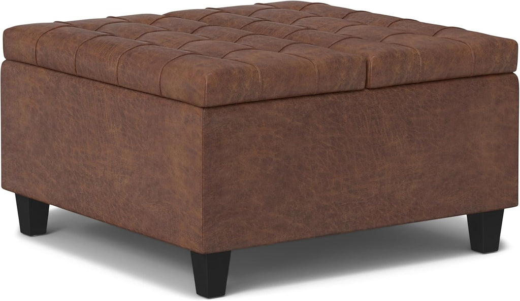 SIMPLIHOME Harrison Small Coffee Table Storage Ottoman - 30 inch Wide Upholstered Vegan Leather Square Lift-Top Ottoman in Distressed Saddle Brown, Transitional Ottoman for Living Room with Storage