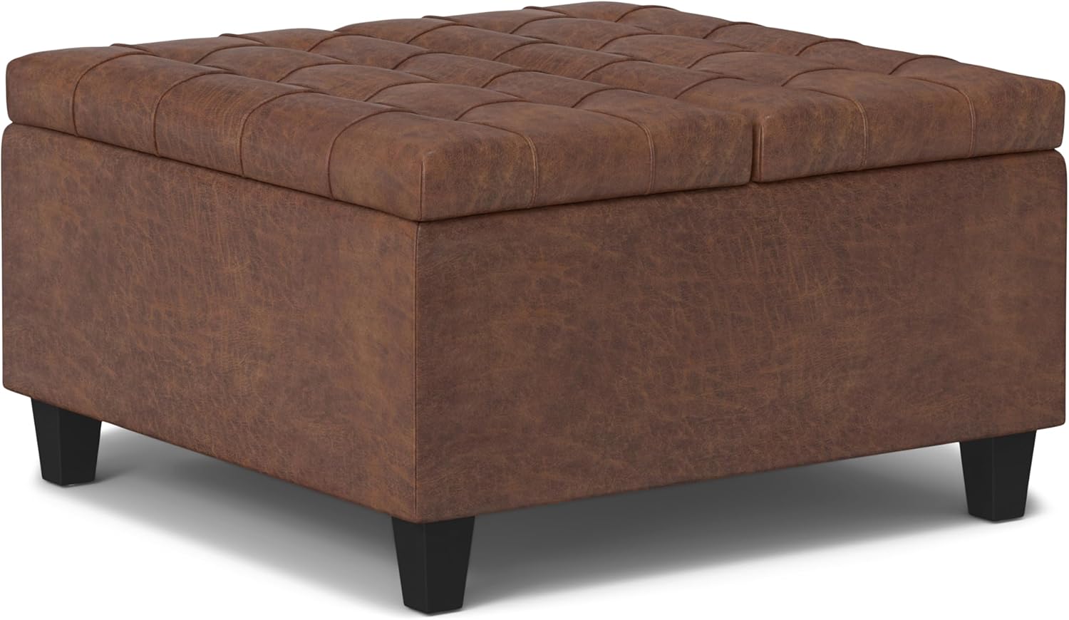 SIMPLIHOME Harrison Small Coffee Table Storage Ottoman - 30 inch Wide Upholstered Vegan Leather Square Lift-Top Ottoman in Distressed Saddle Brown, Transitional Ottoman for Living Room with Storage