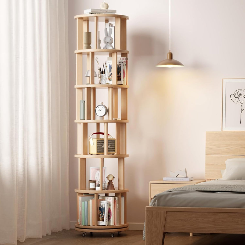 Muwuele Solid Wood Rotating Bookshelf on Wheels, 6 Tier, Round Revolving Bookcase, 360° Spinning Book Shelf Tower for Kids, Narrow Rolling Bookshelves for Small Space, Corner, Bedroom, Office, Natural