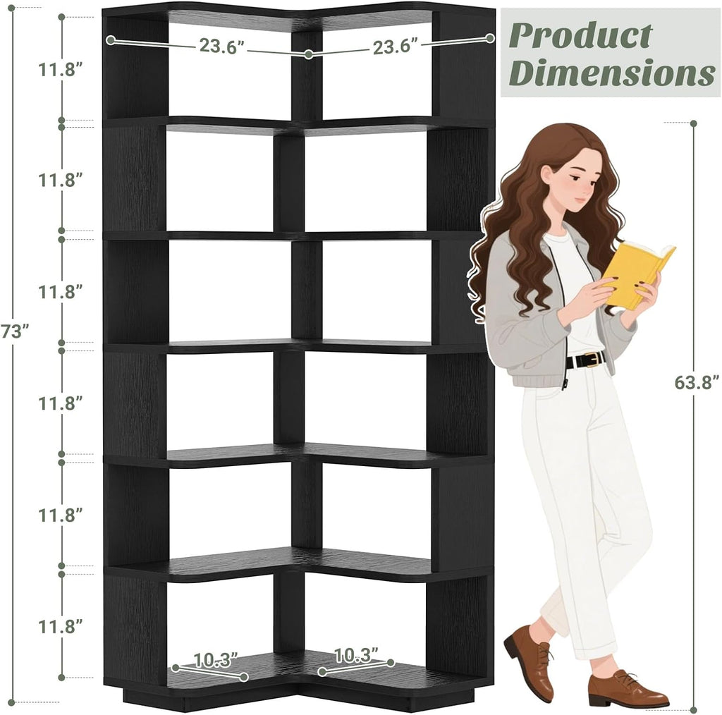 Armocity Corner Book Shelf - 7 Tier Corner Bookshelf Etagere Bookcase with Baffle, Freestanding L Shaped Display Shelf Stand for Home Office, Living Room, Bedroom, Kitchen, Black