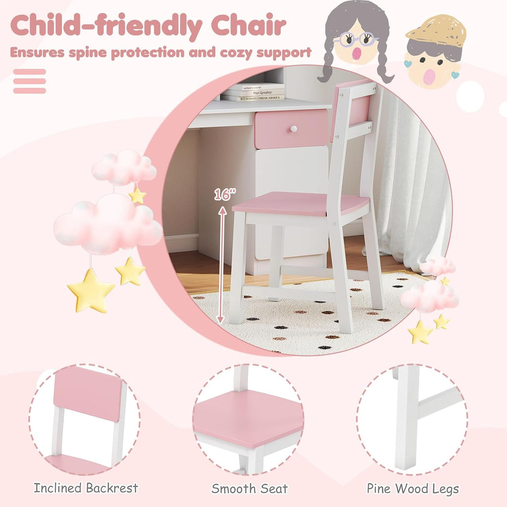 HONEY JOY Kids Desk and Chair Set, Large Wooden Children School Study Table and Chair w/Drawer, Hutch, Storage Shelves, Student Writing Desk Computer Workstation for Bedroom, 7+ Years Old (Pink)