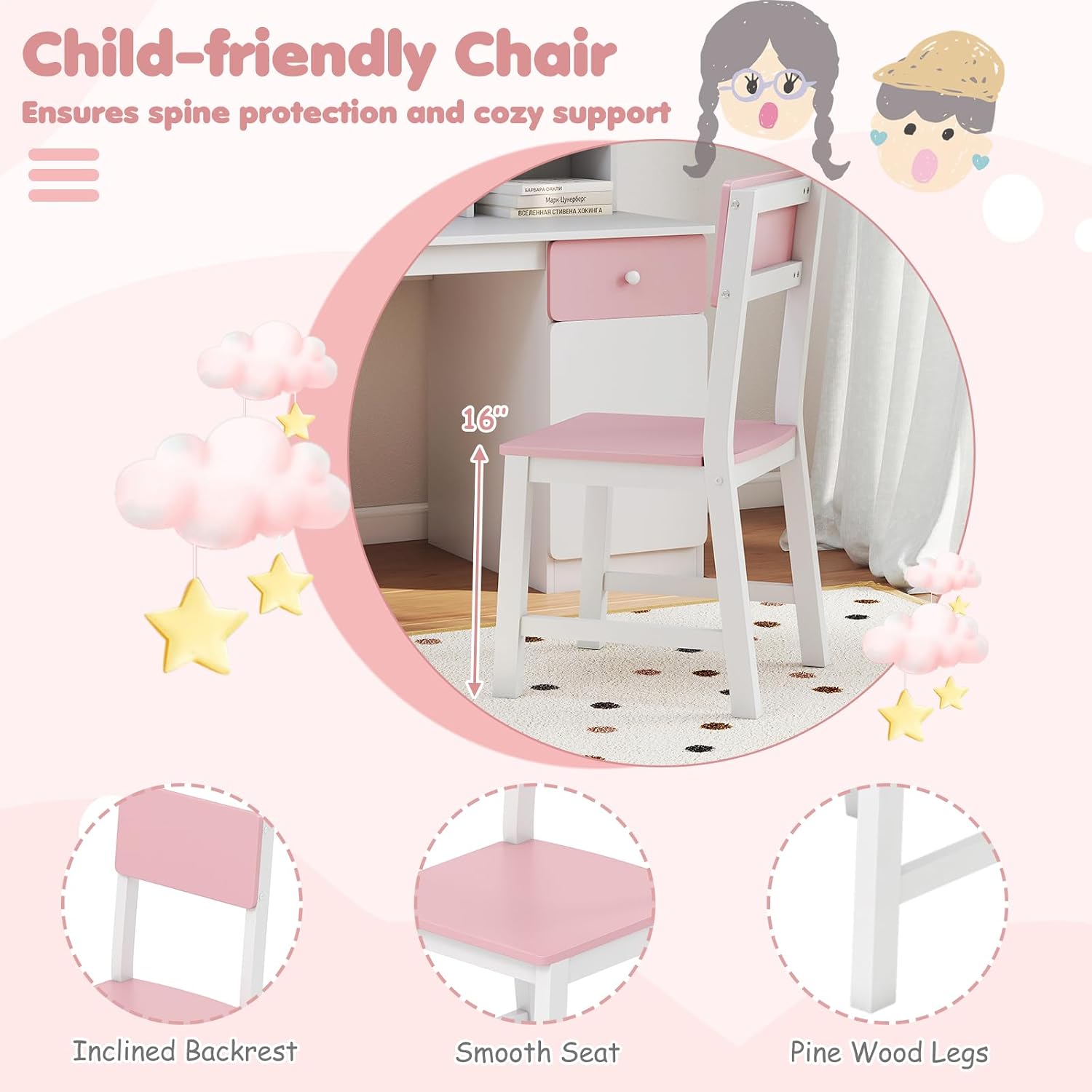 HONEY JOY Kids Desk and Chair Set, Large Wooden Children School Study Table and Chair w/Drawer, Hutch, Storage Shelves, Student Writing Desk Computer Workstation for Bedroom, 7+ Years Old (Pink)