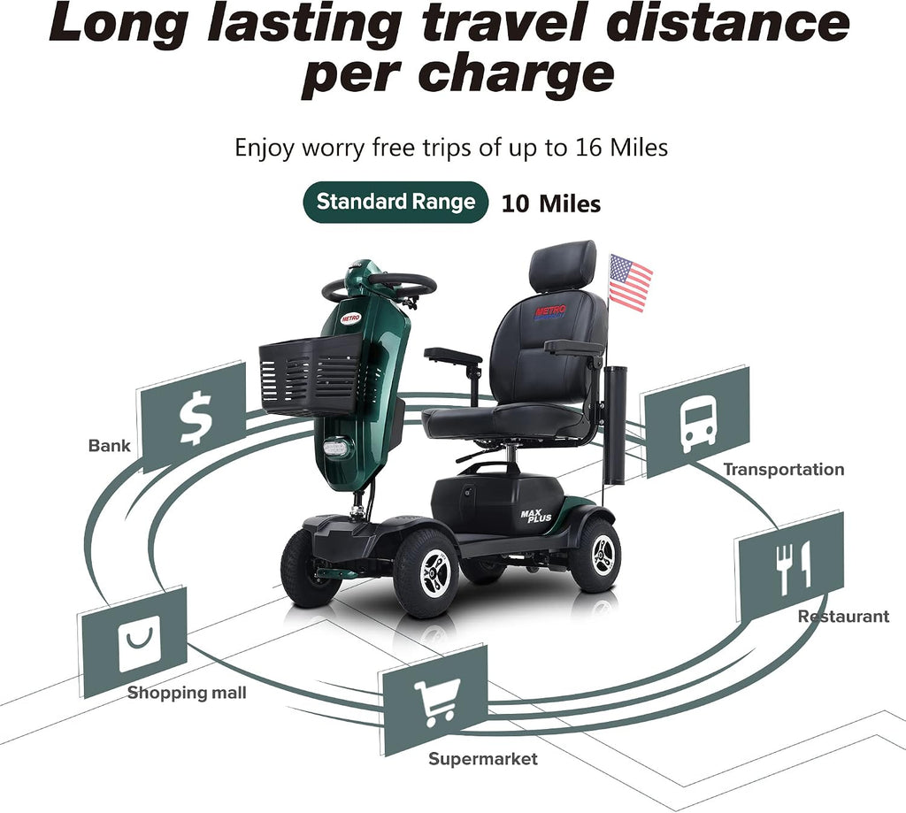 Metro Mobility - New 4 Wheel Outdoor Scooter - Adult Scooter 300lbs Foldable - Battery - 12V20AH*2pcs, Max Range 16 Miles (Green)