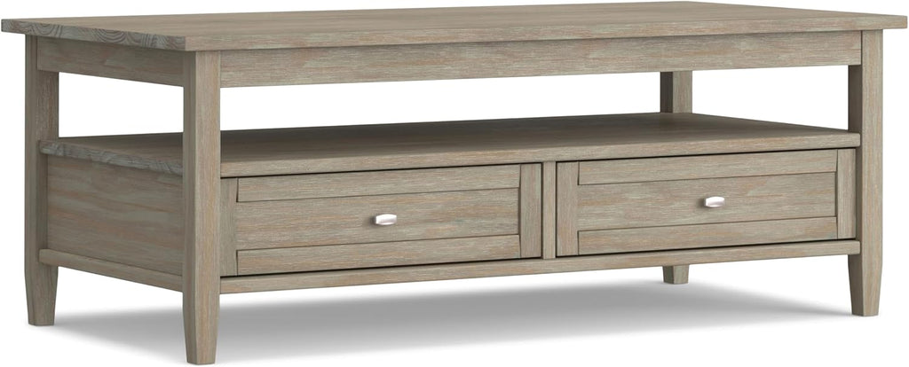 SIMPLIHOME Warm Shaker Coffee Table - 48 inch Wide Solid Wood Coffee Table in Distressed Grey, Transitional Living Room Table with 2 Drawers, Open Shelf, Shaker Fronts and Tapered Legs