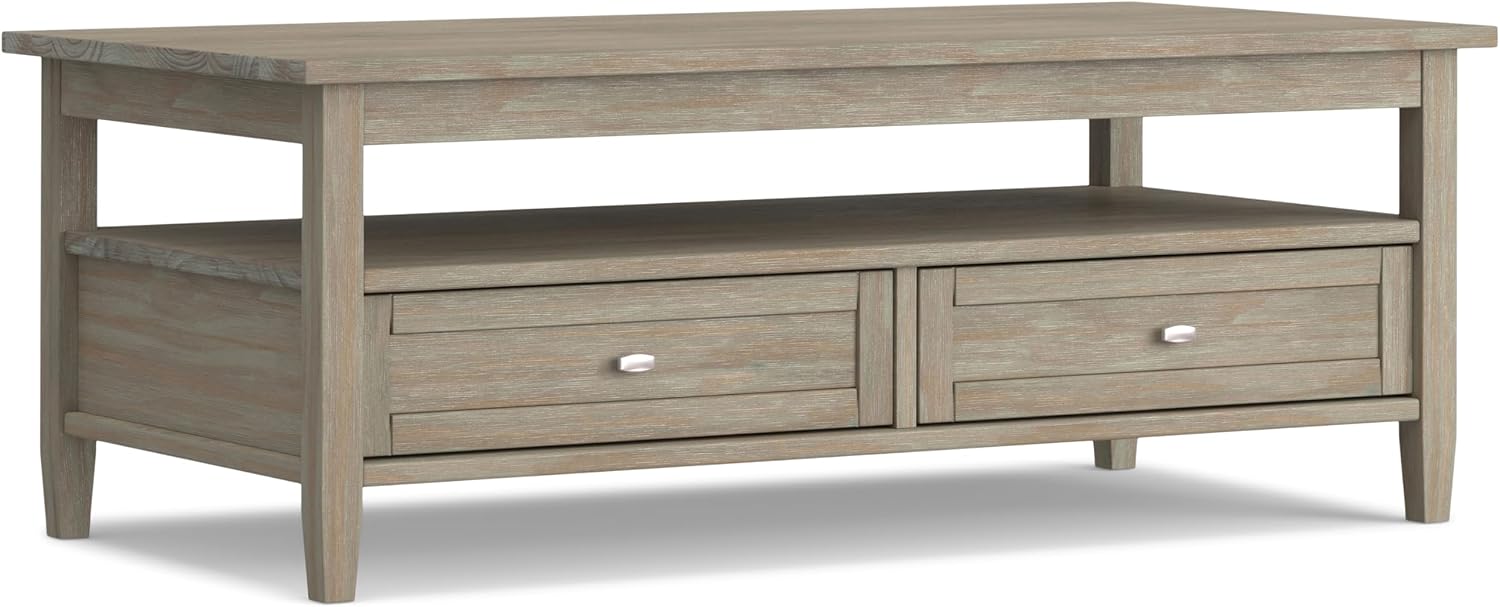SIMPLIHOME Warm Shaker Coffee Table - 48 inch Wide Solid Wood Coffee Table in Distressed Grey, Transitional Living Room Table with 2 Drawers, Open Shelf, Shaker Fronts and Tapered Legs